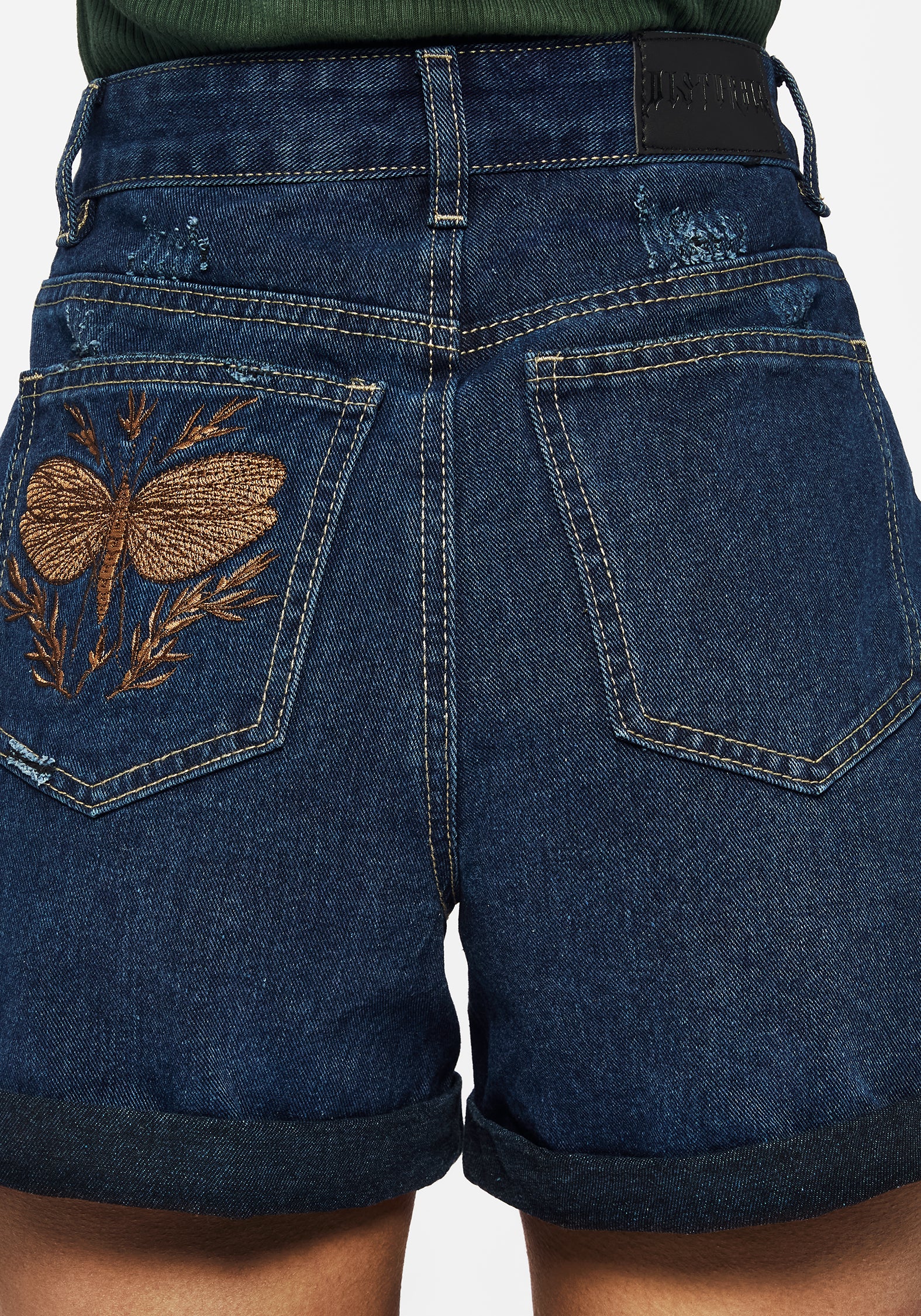 Griffinfly Embroidered Distressed Denim Shorts - Blue - Image 2