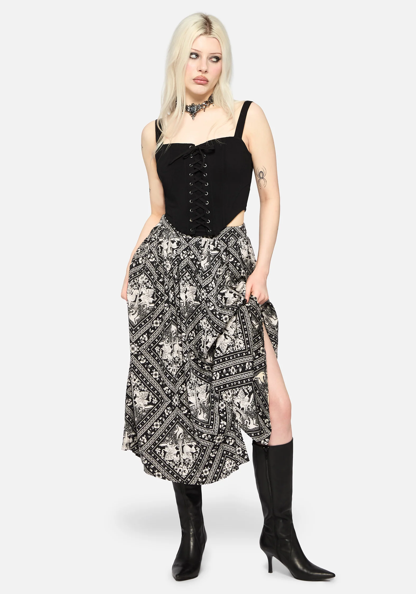 Hexweave Print Button Down Pleated Midi Skirt