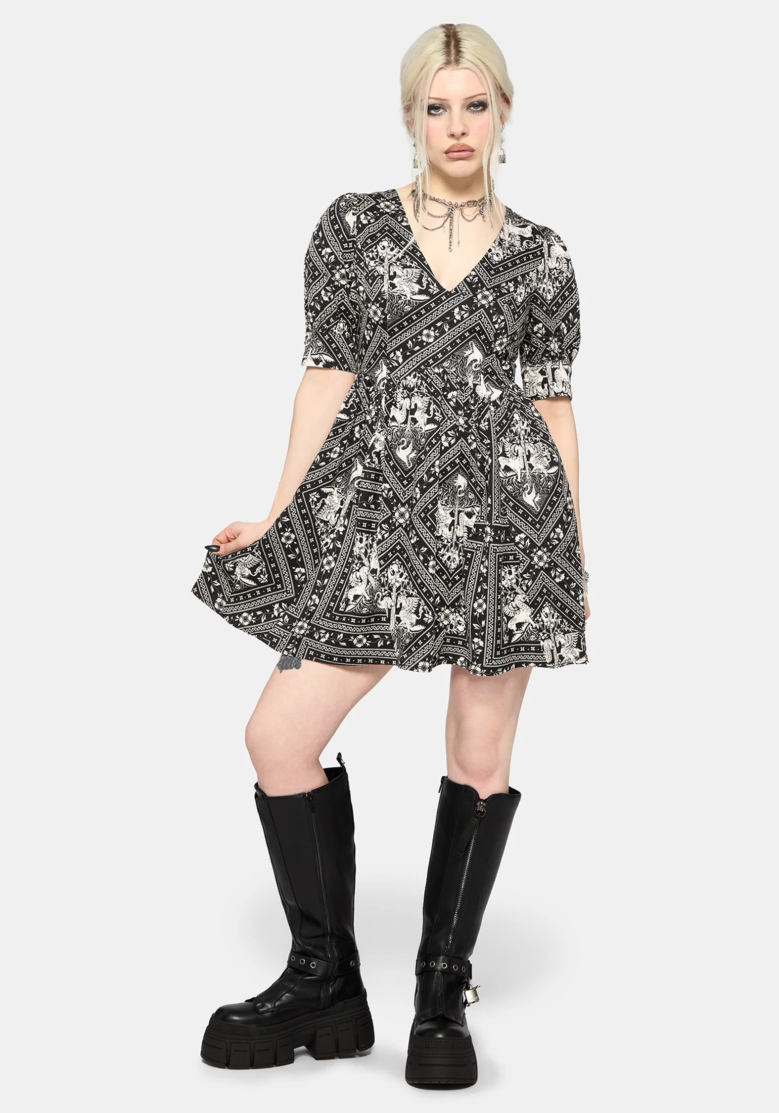 Hexweave Print V Neck Mini Dress