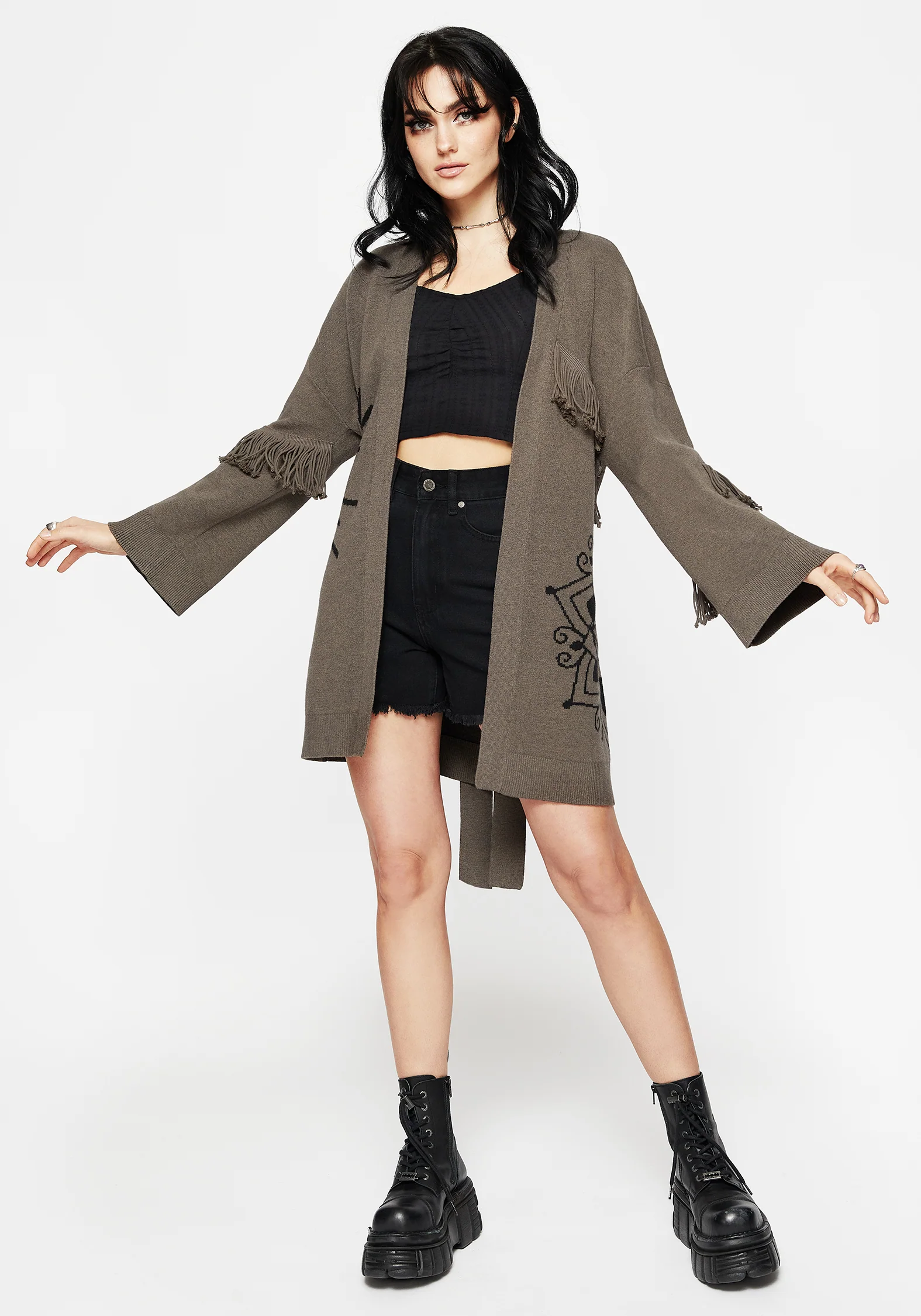 Iris Flare Sleeve Longline Fringe Knit Cardigan - Image 4