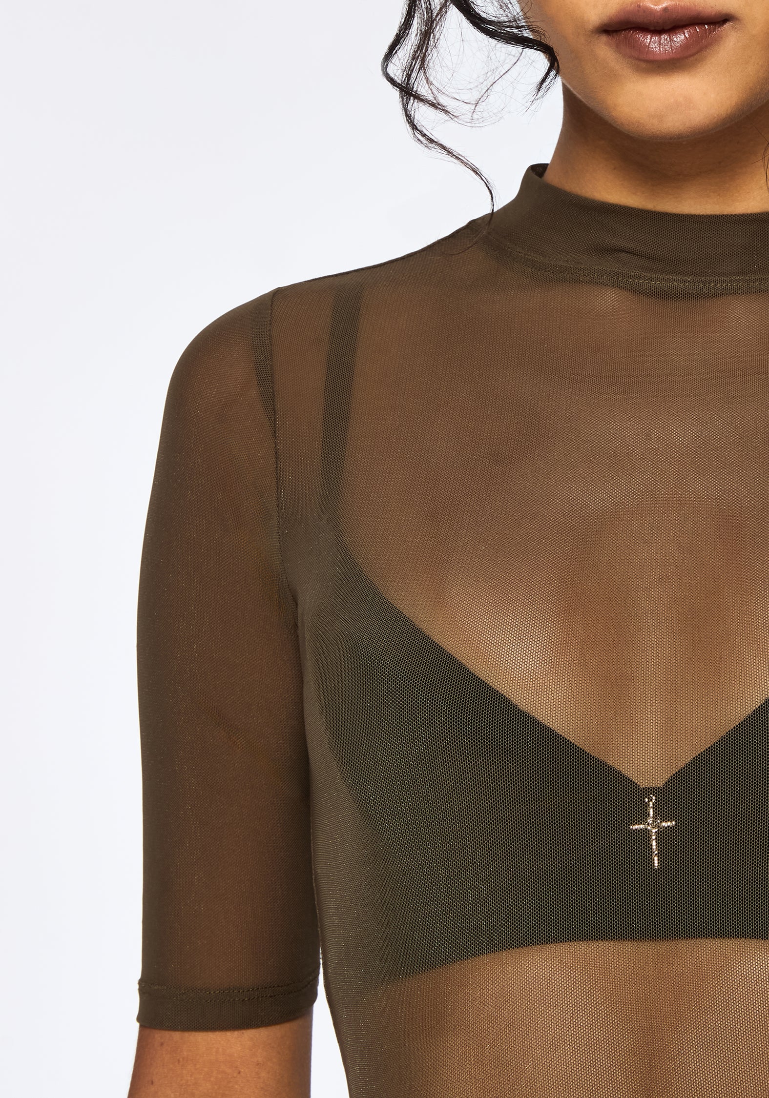 Jinx Mesh Short Sleeve Top - Khaki Green - Image 2