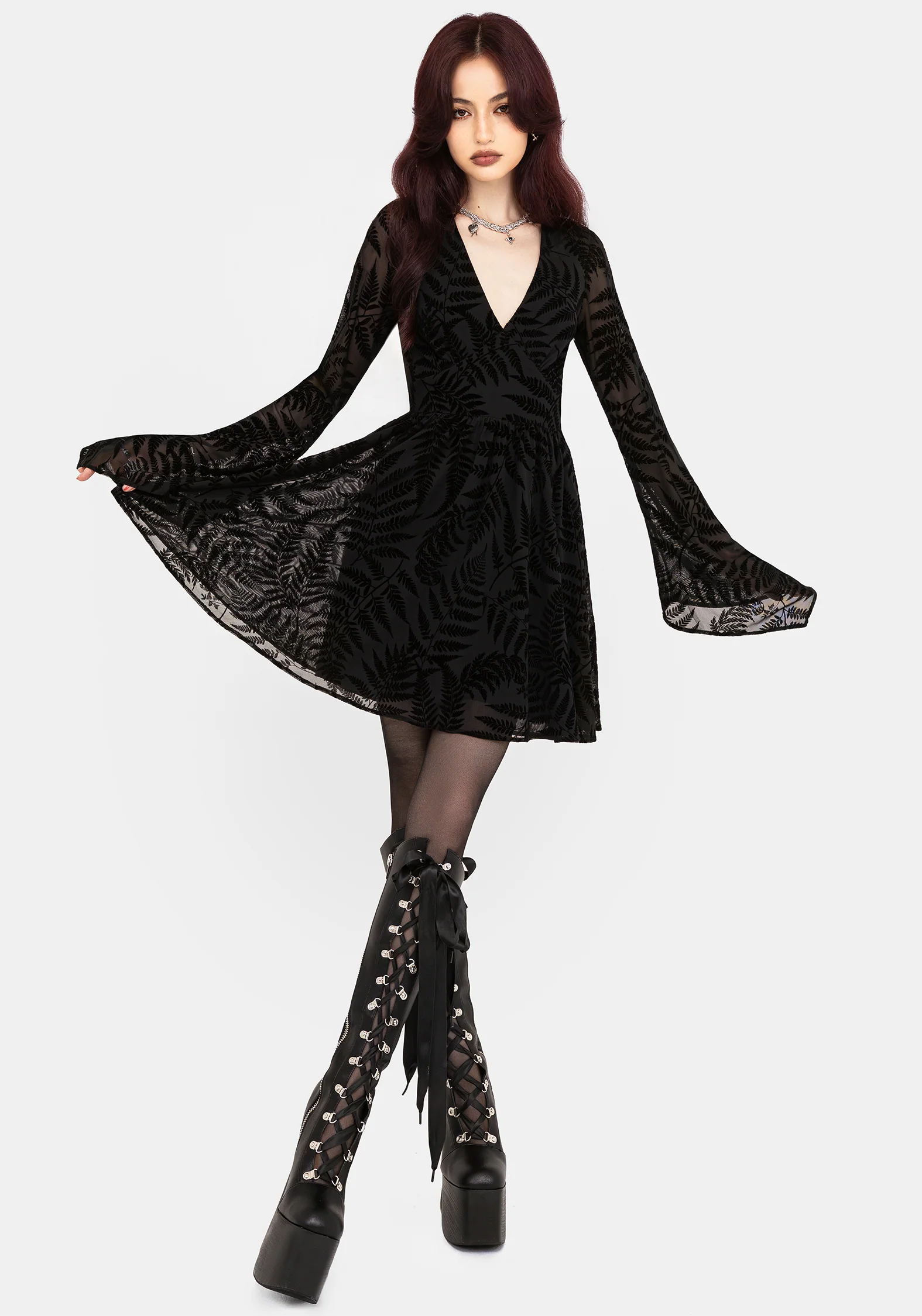 Lunafern Fern Leaf Flocked Mesh Flute Sleeve Mini Dress - Image 8