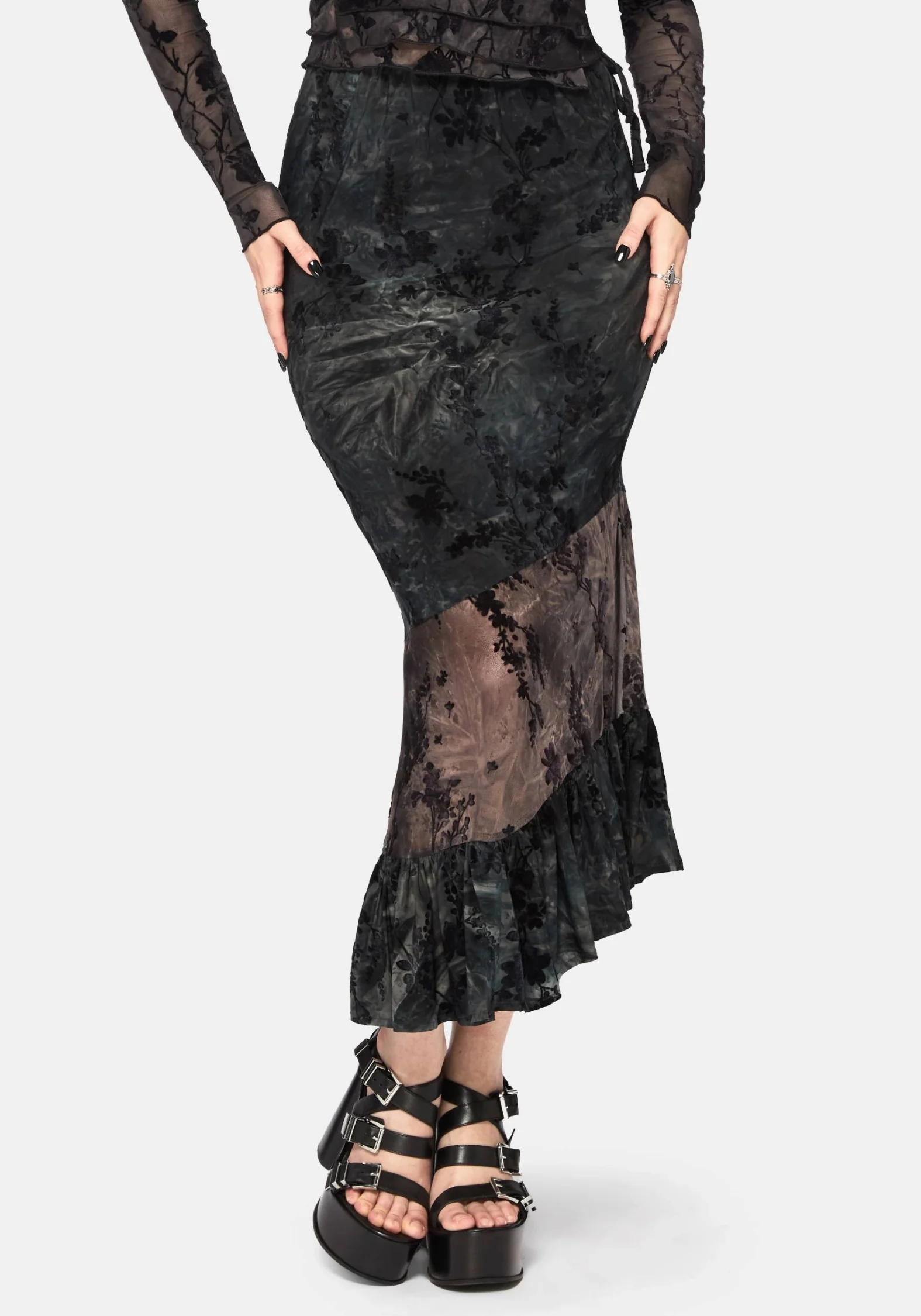 Maeira Tiered Grey Flocked Midaxi Skirt
