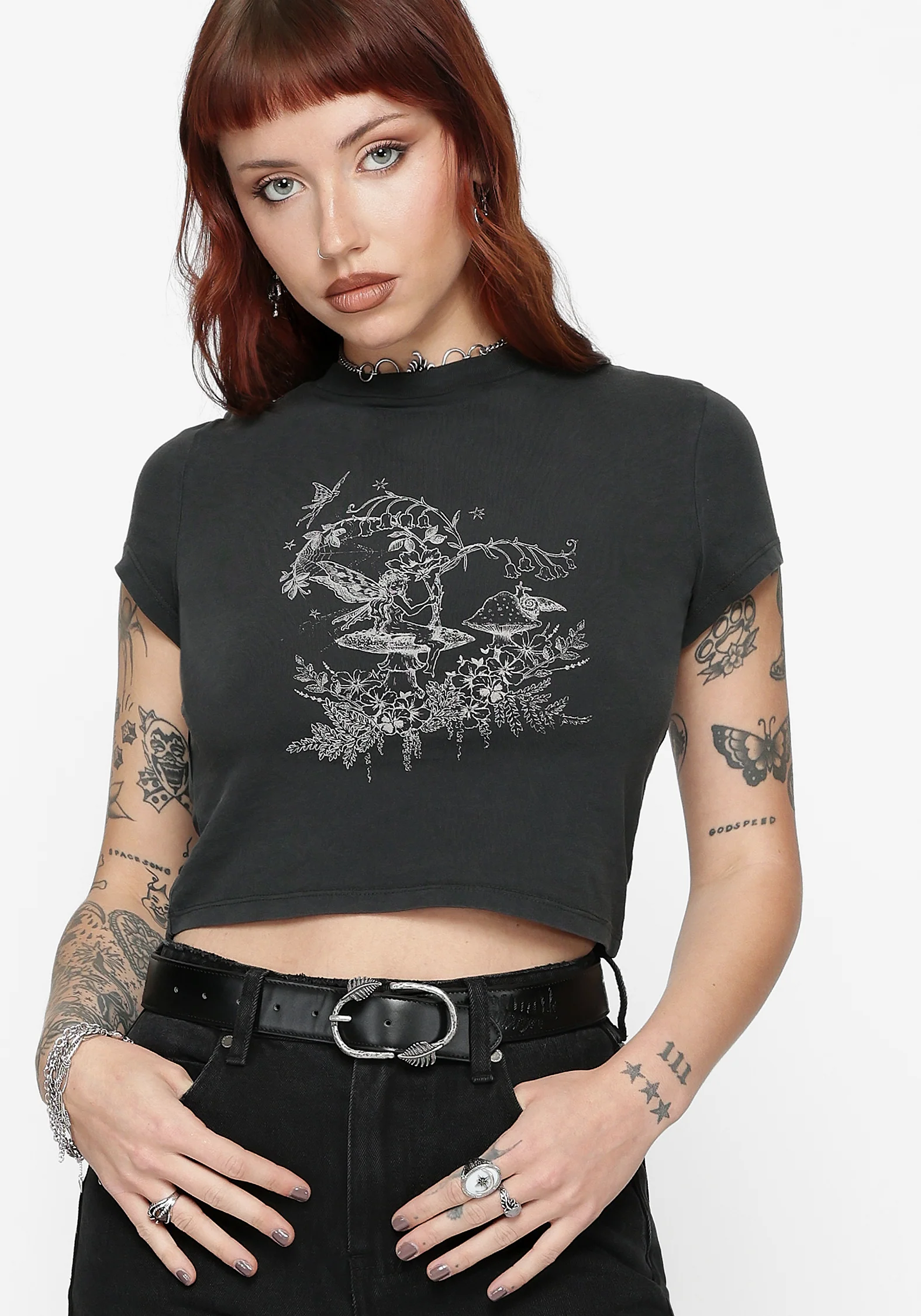 Maypole Fairy Print Crop T-Shirt- Black