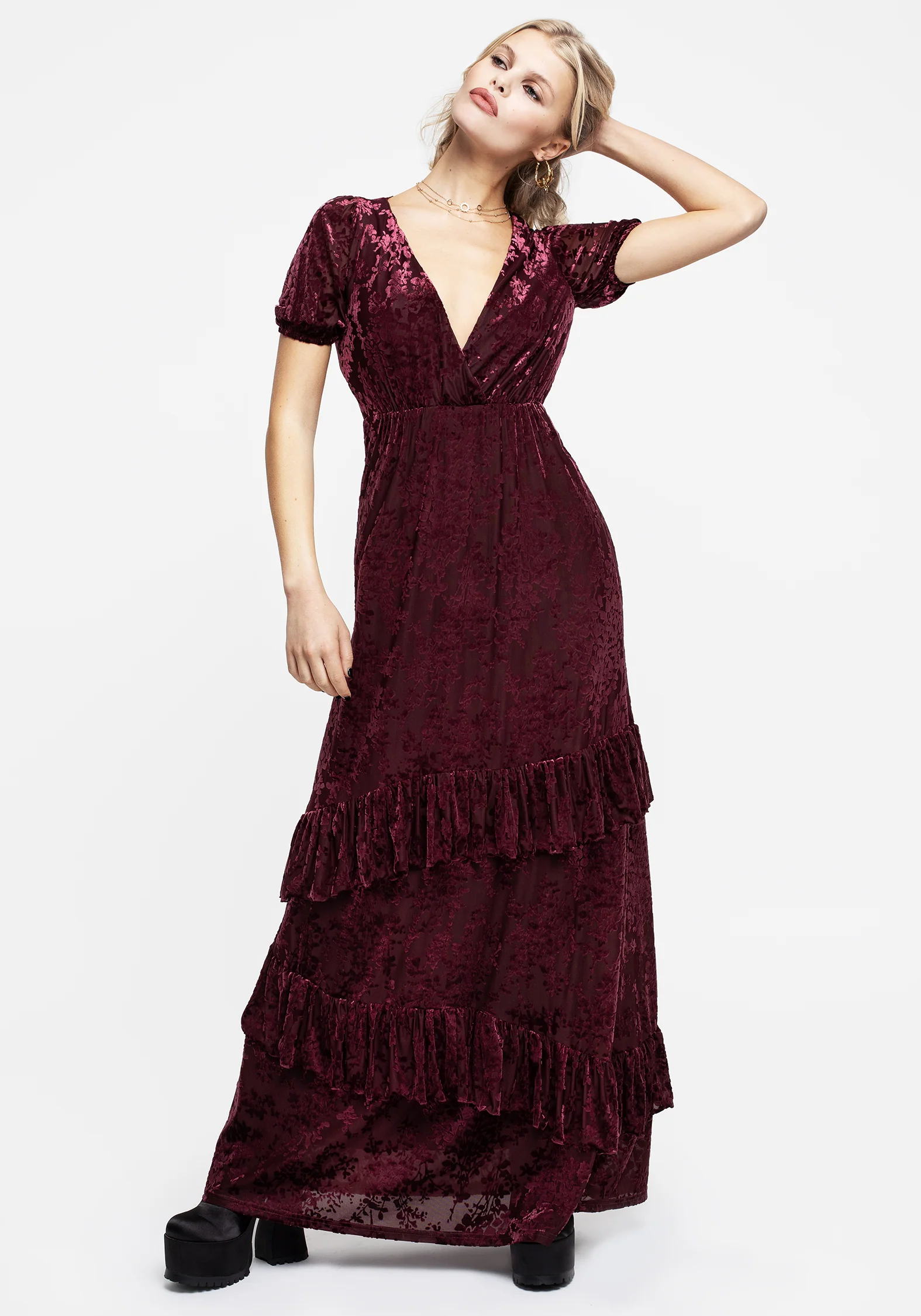 Monotropa Floral Flocked Velour Frill Midaxi Dress - Image 6