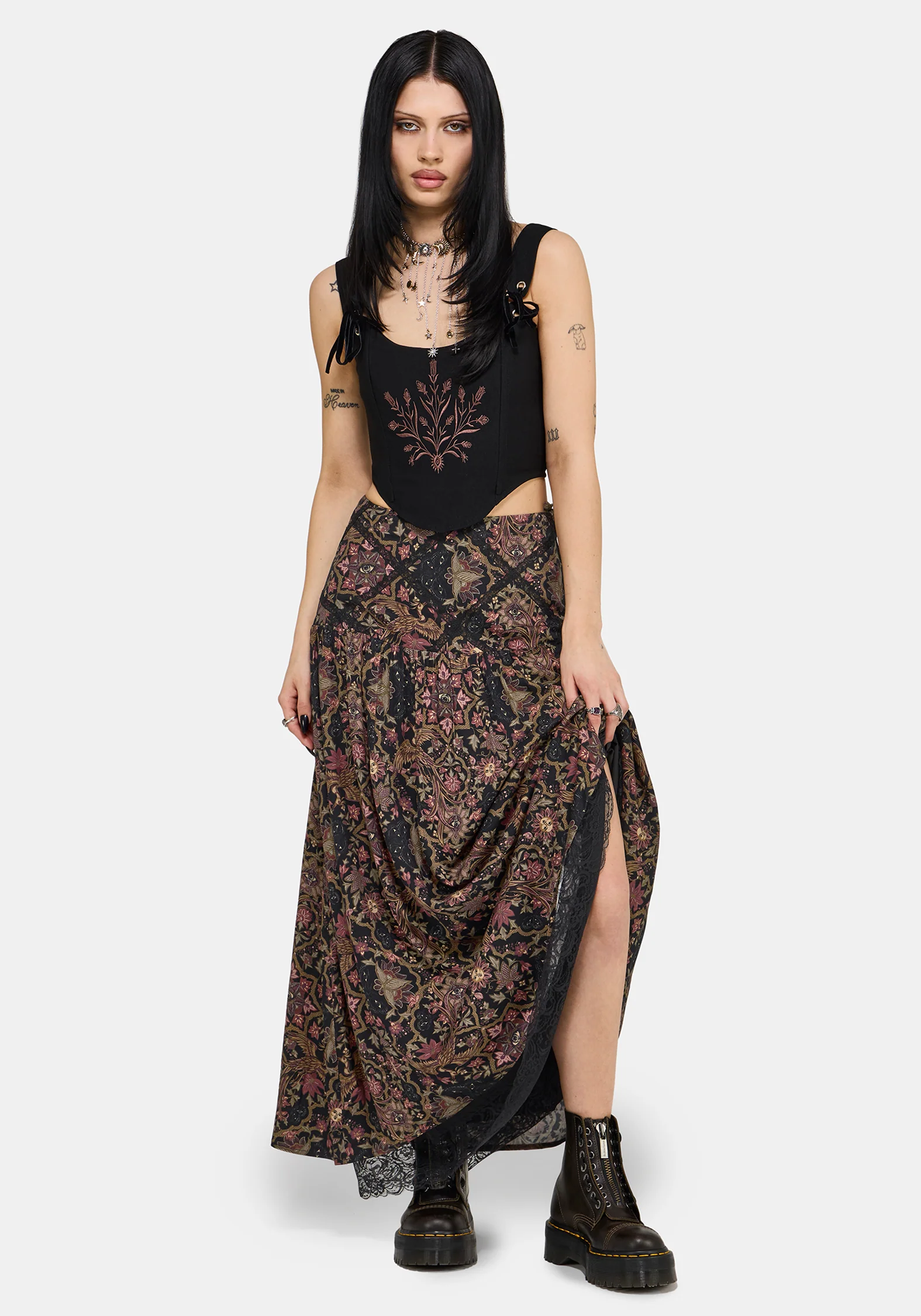 Mythos Print Lace Detail Midaxi Skirt