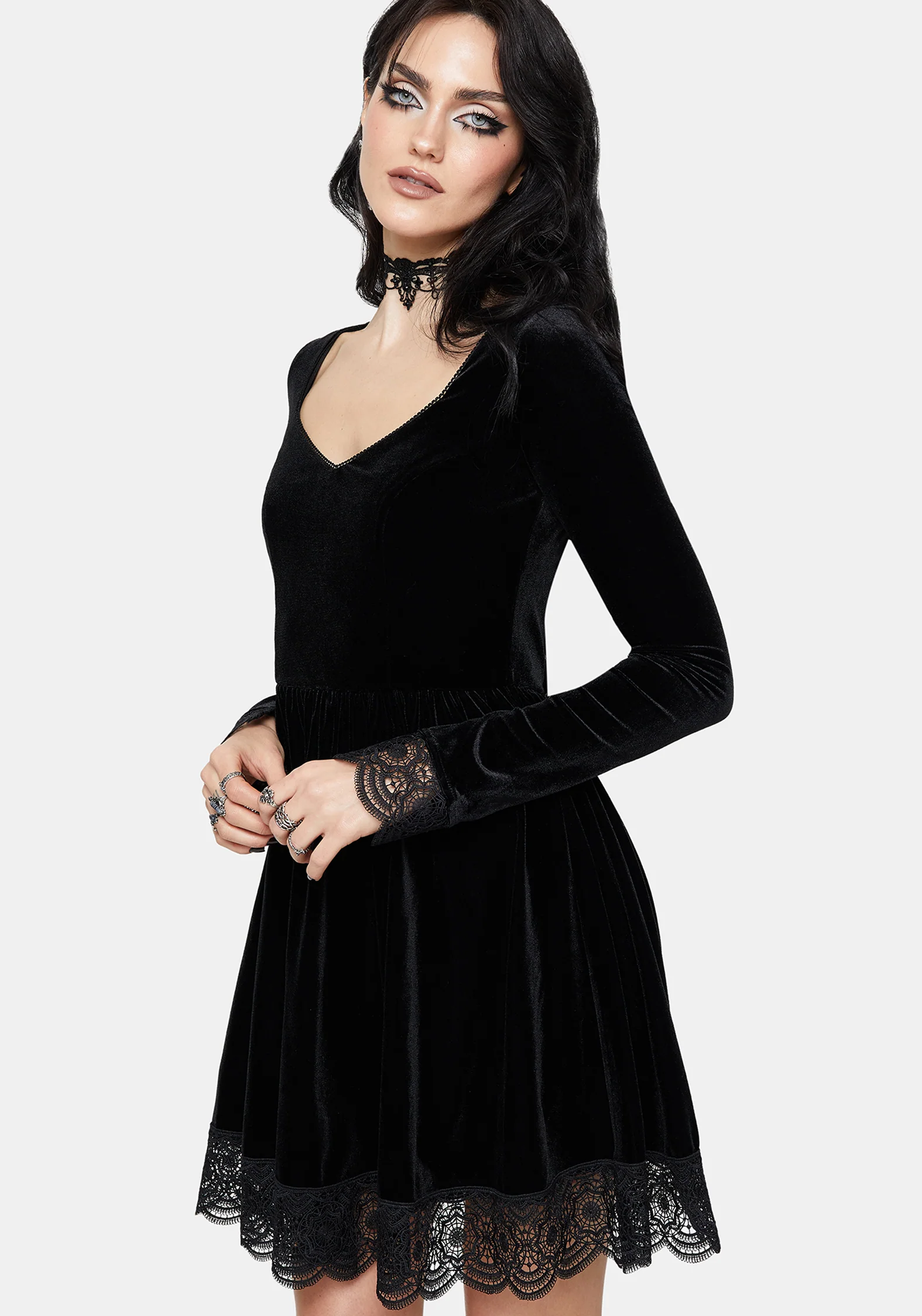 Orbweb Long Sleeve Lace Hem Velour Mini Dress
