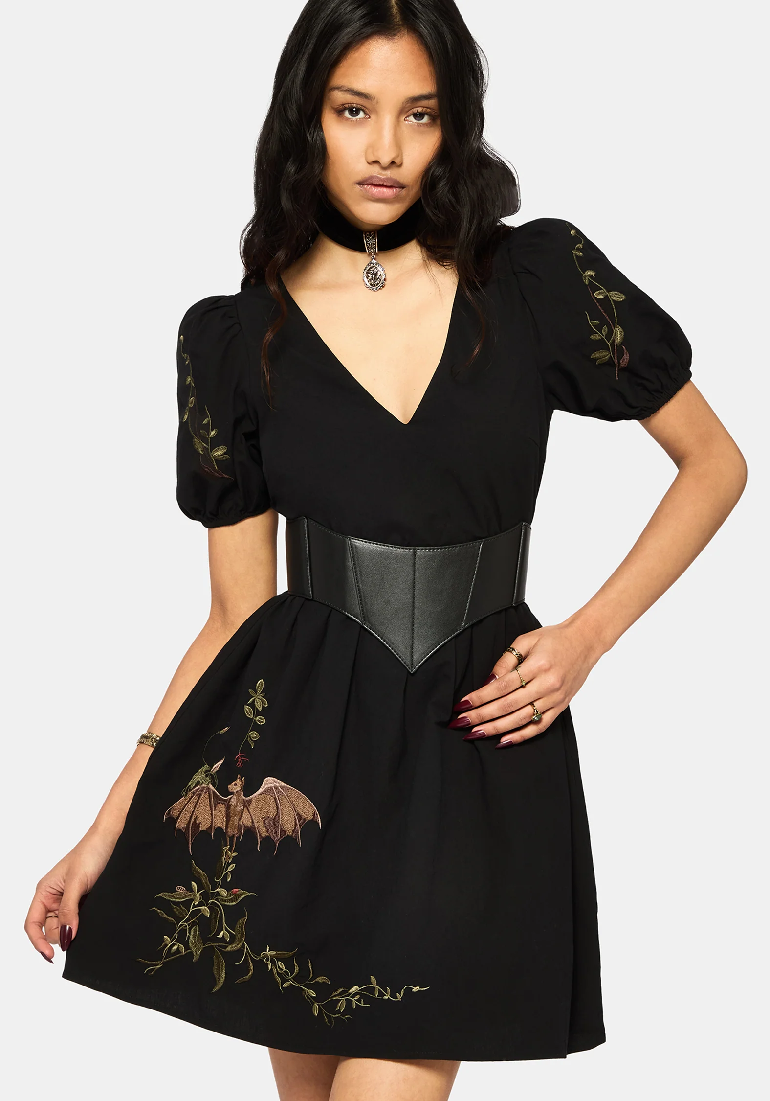Orena Bat Embroidered Mini Dress