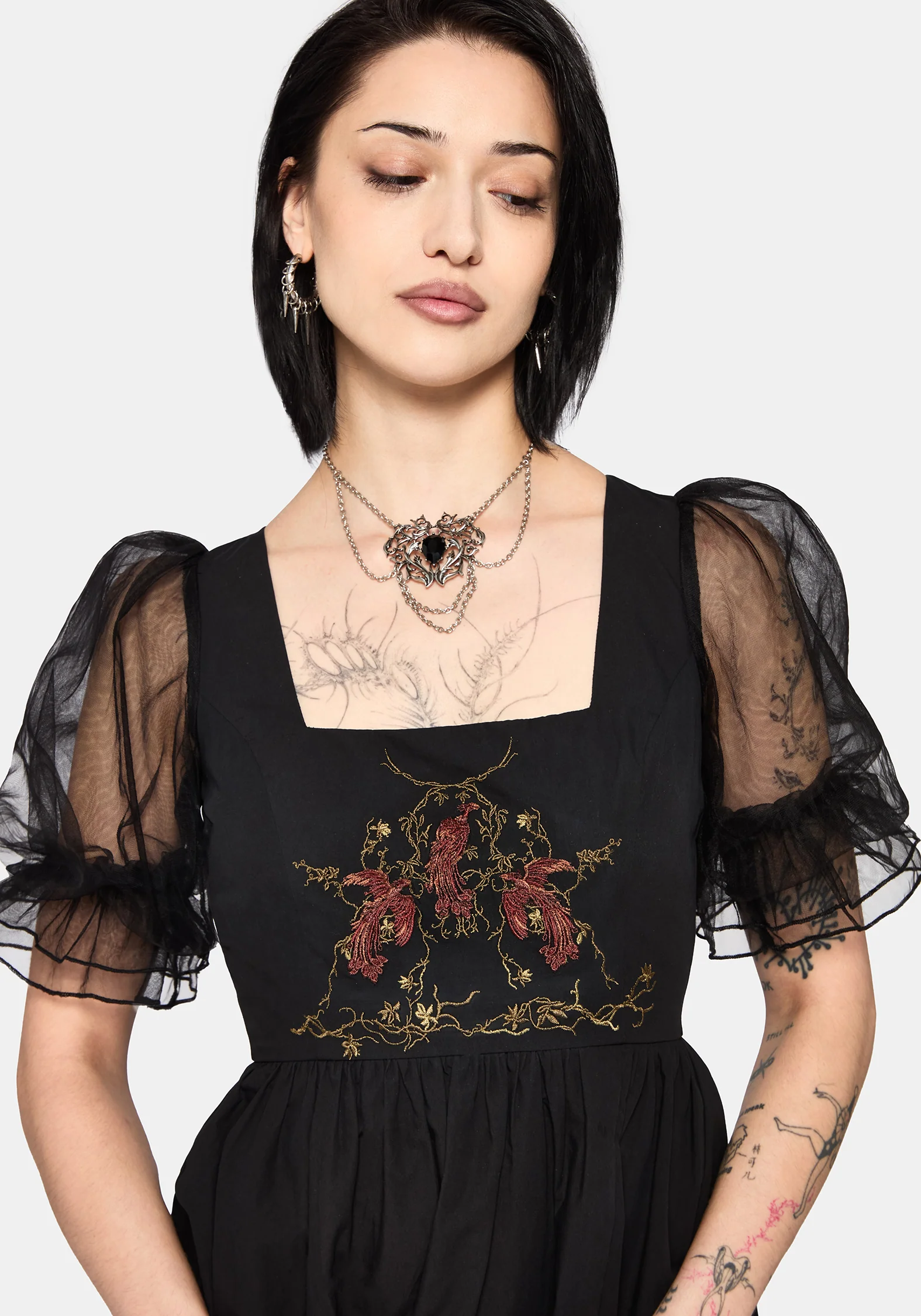 Phoenix Cotton Embroidered Puff Sleeve Midi Dress - Image 2