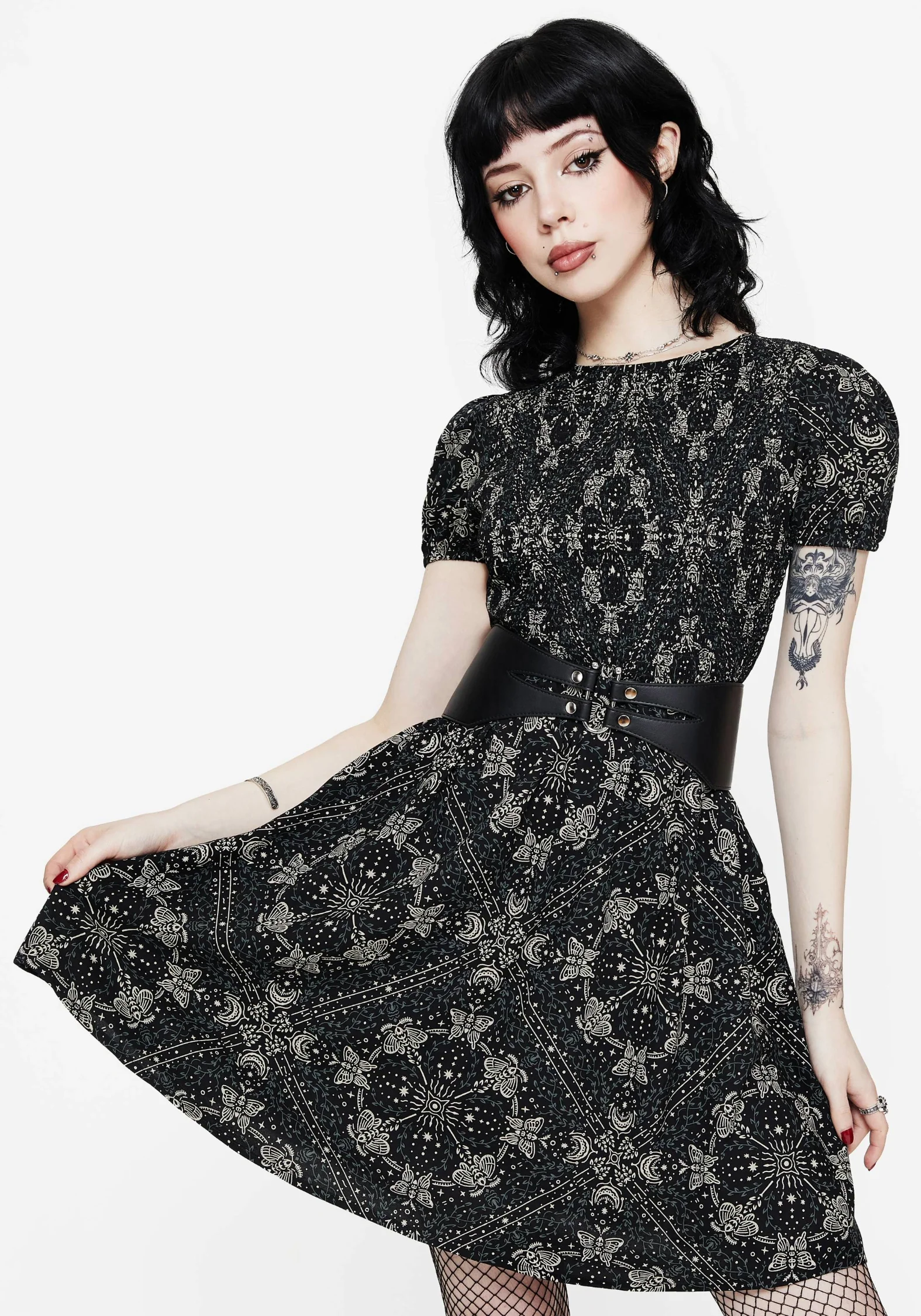 Poem Moth Printed Puff Sleeve Mini Dress