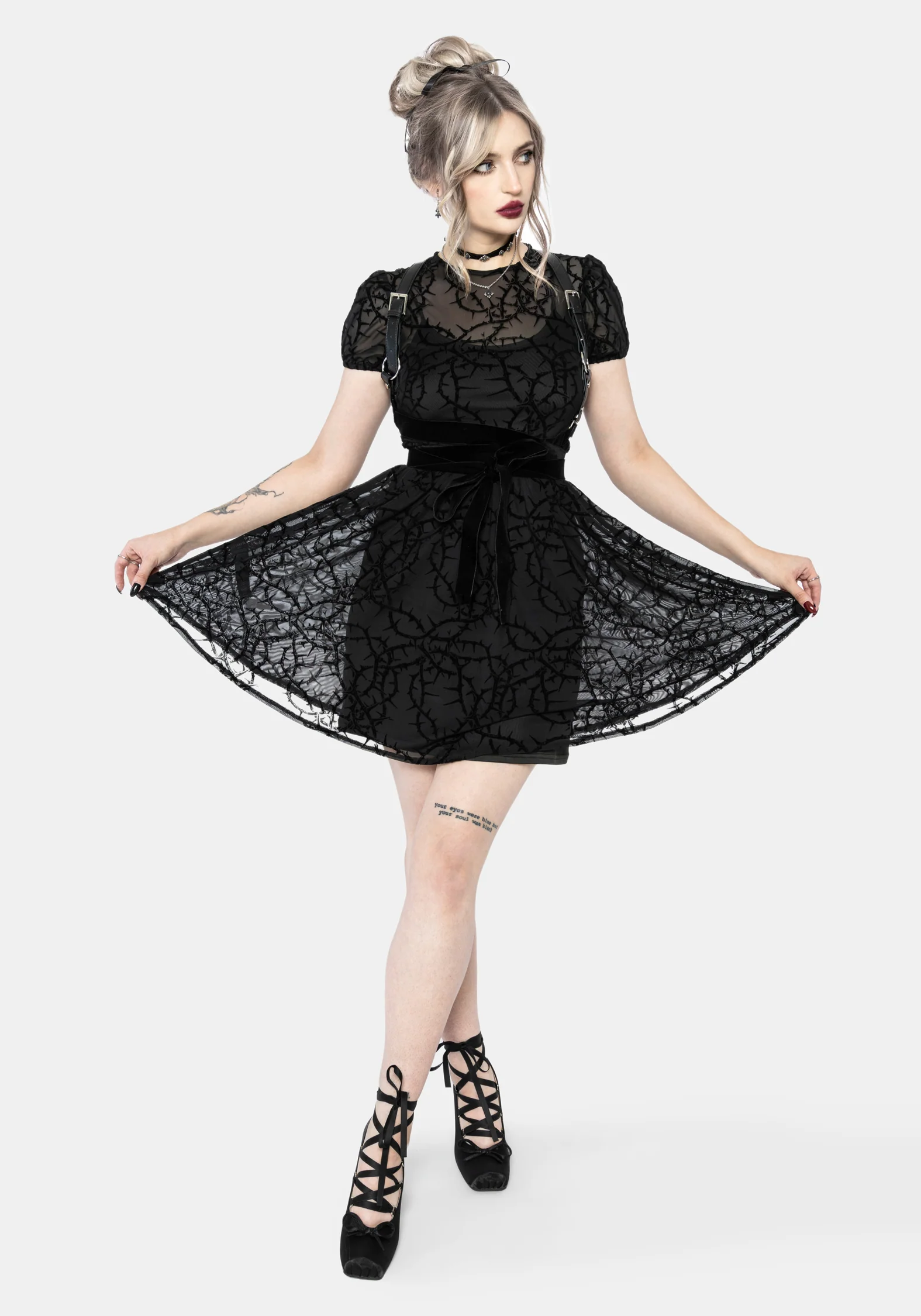 Prickle Thorn Print Mesh Puff Sleeve Mini Dress - Black - Image 4