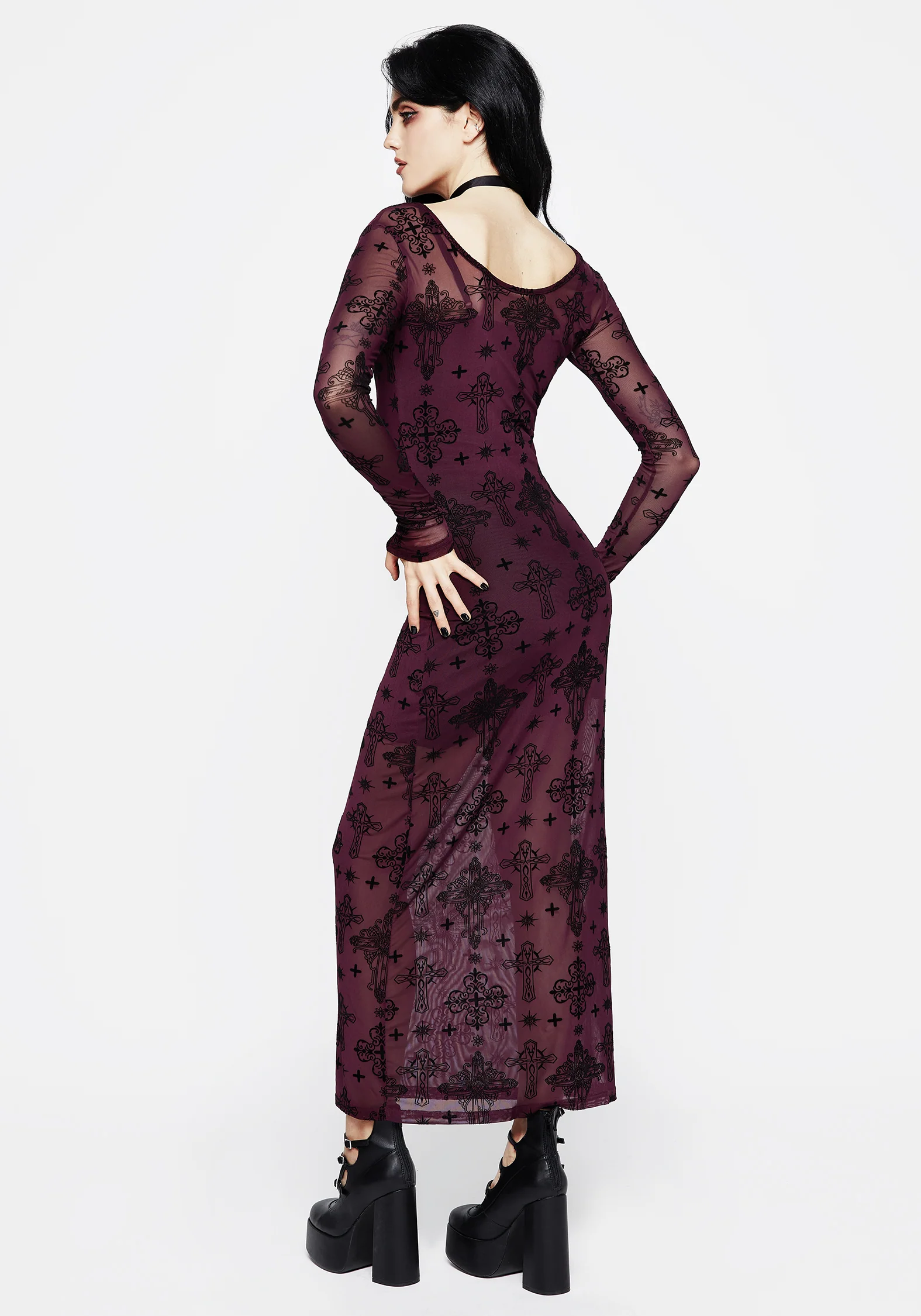 Priestess Flocked Mesh Maxi Dress - Purple - Image 3
