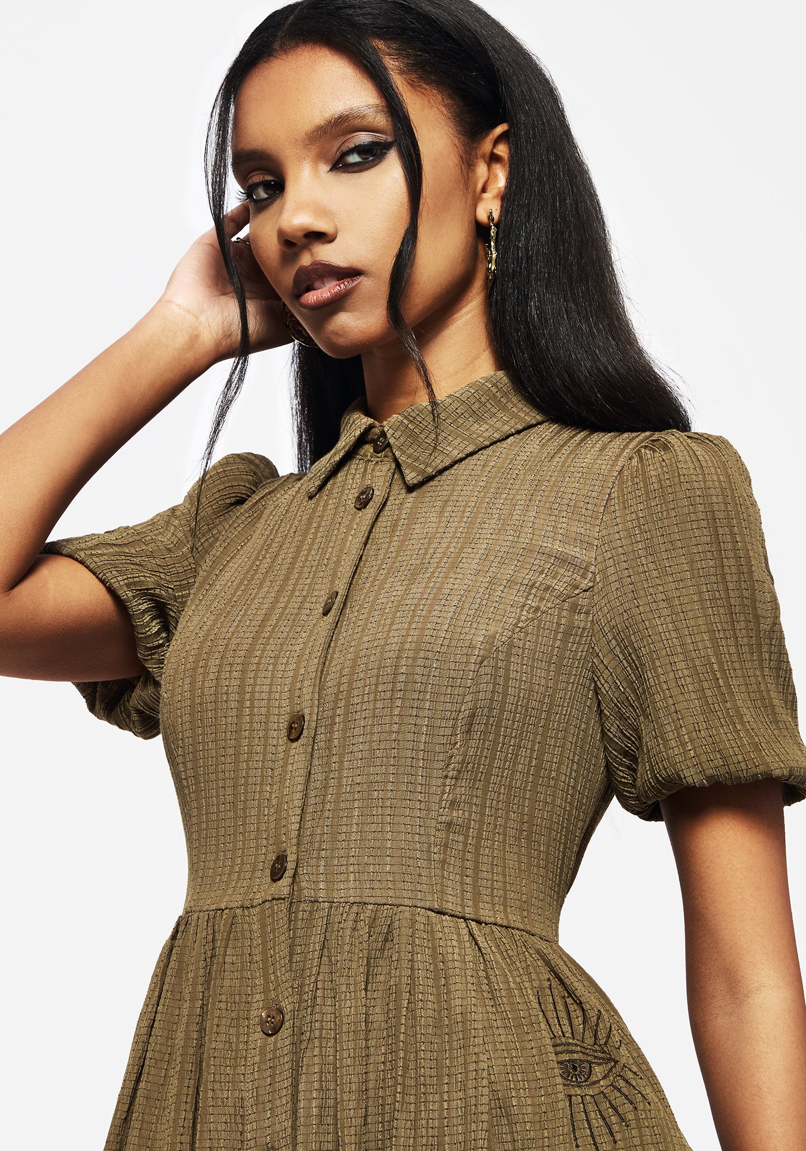 Ramaria Embroidered Puff Sleeve Button Up Midaxi Shirt Dress - Image 4