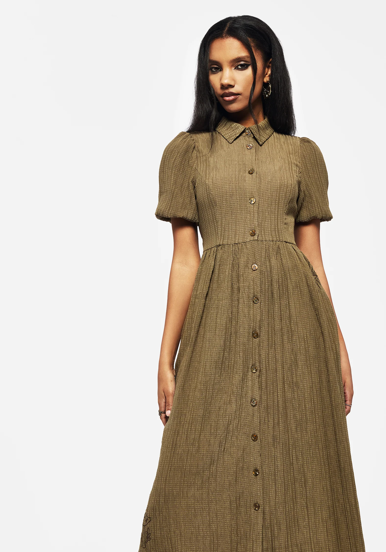 Ramaria Embroidered Puff Sleeve Button Up Midaxi Shirt Dress - Image 5