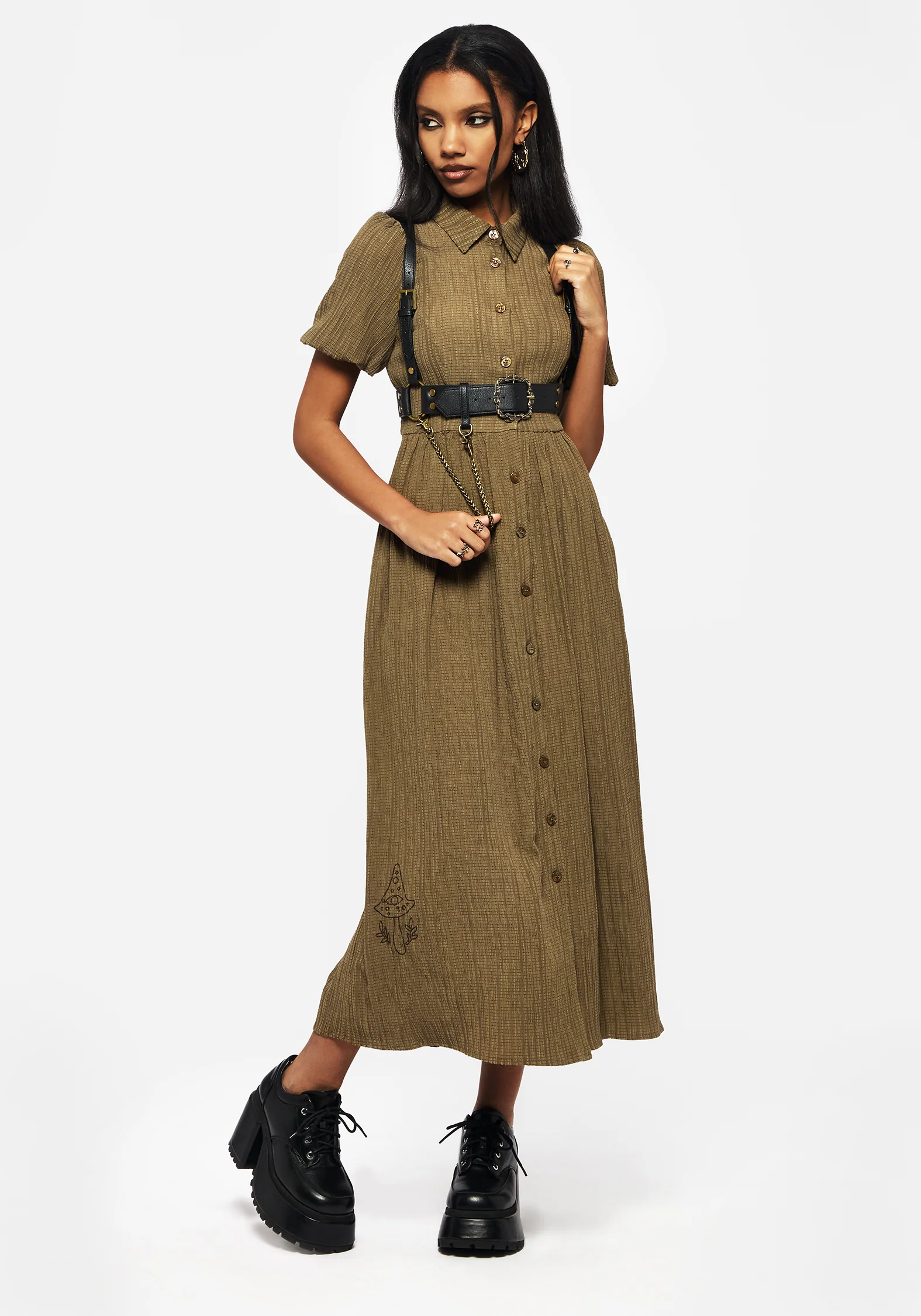 Ramaria Embroidered Puff Sleeve Button Up Midaxi Shirt Dress - Image 6