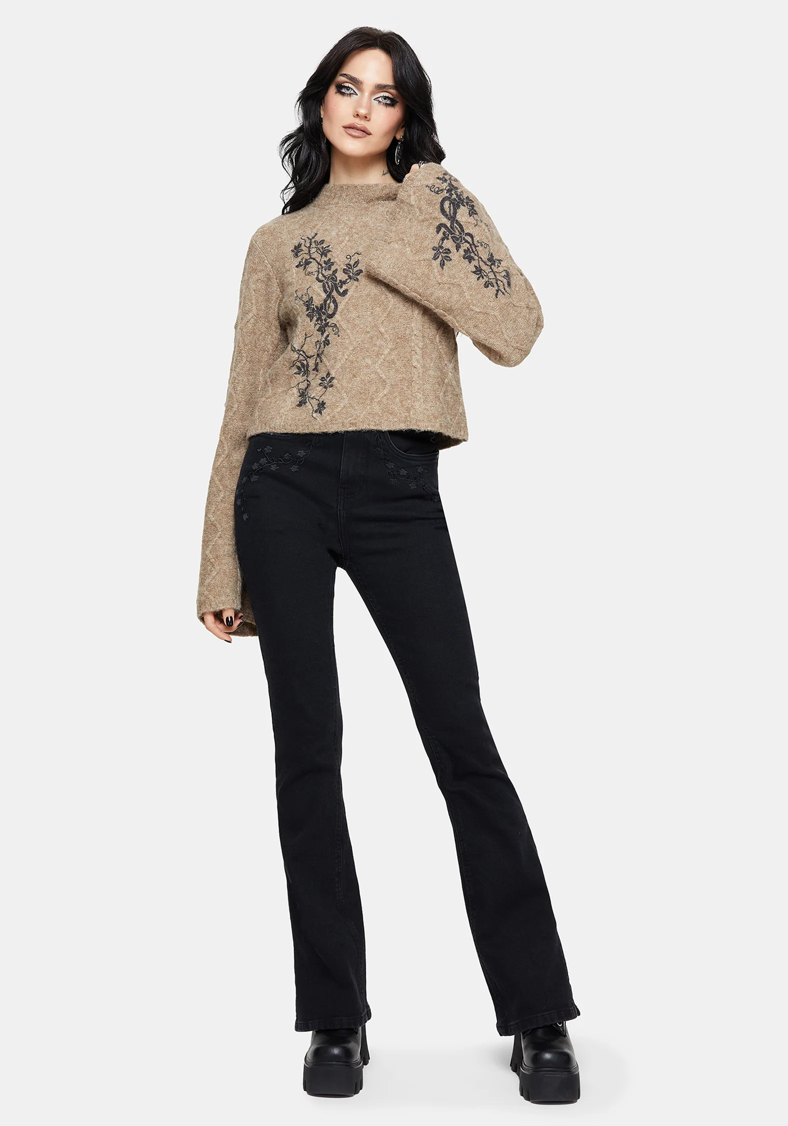 Ravelle Cotton Floral Printed Flare Cable Knit Sweater - Image 4