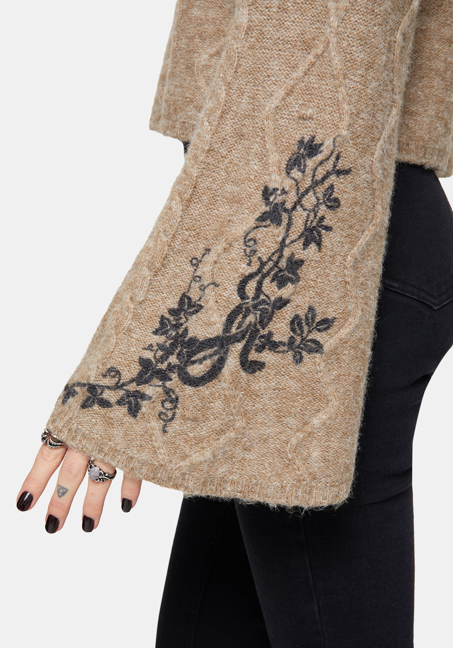 Ravelle Cotton Floral Printed Flare Cable Knit Sweater - Image 5