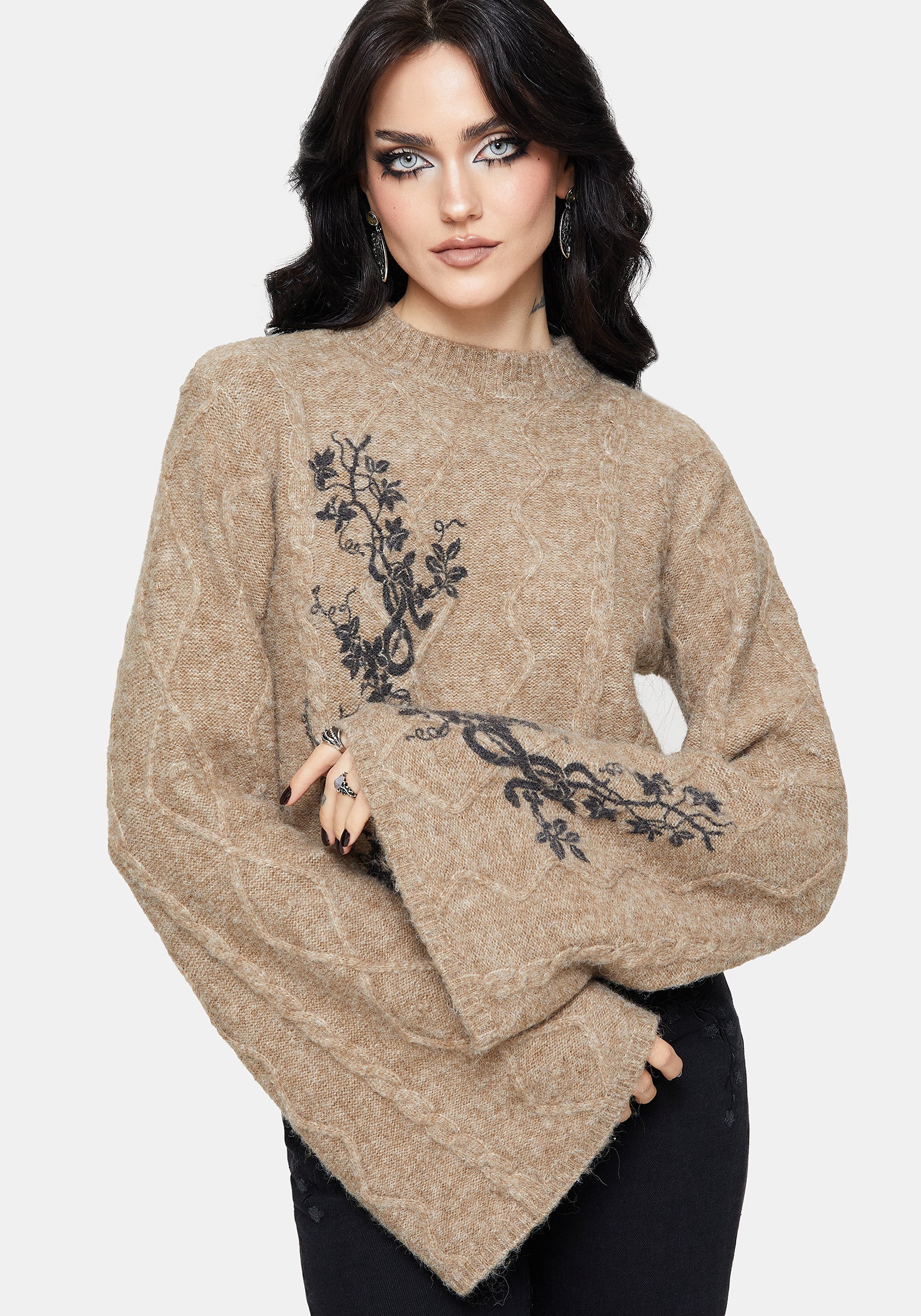 Ravelle Cotton Floral Printed Flare Cable Knit Sweater - Image 7
