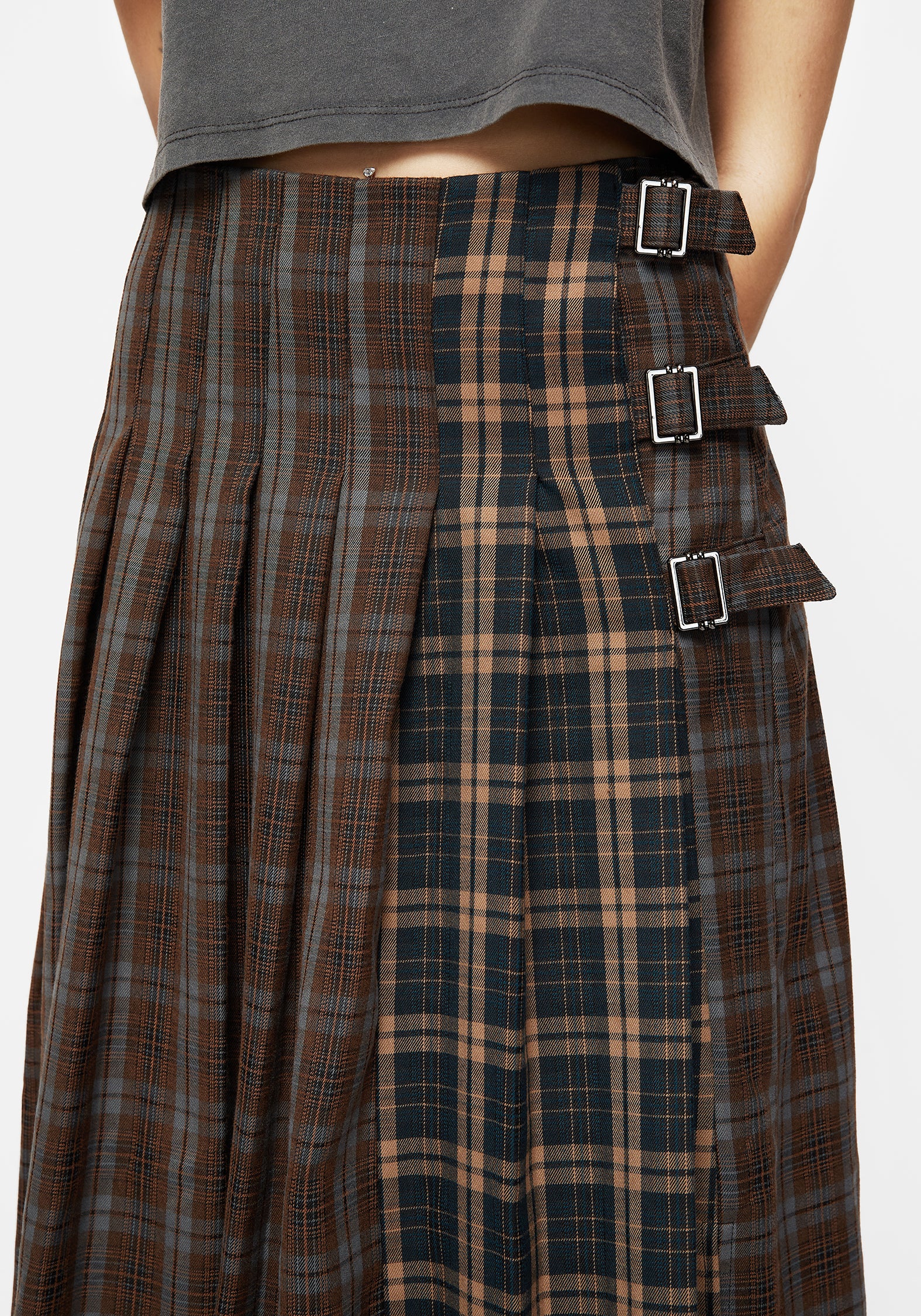 Raven Pleated Check Buckle Detail Maxi Skirt - Image 2