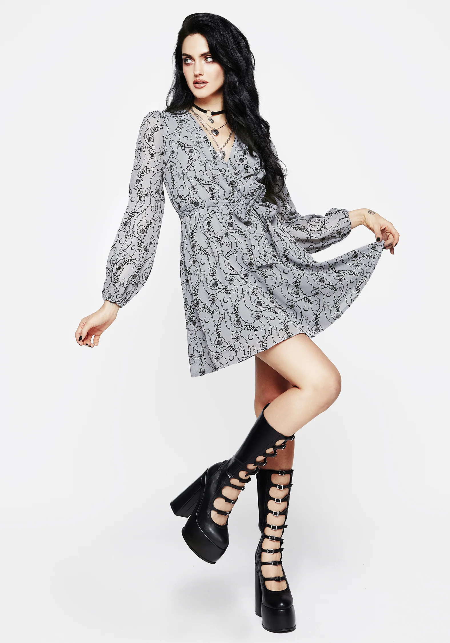 Rosethorn Flocked Velour Chiffon Faux Wrap Mini Dress - Blue - Image 6
