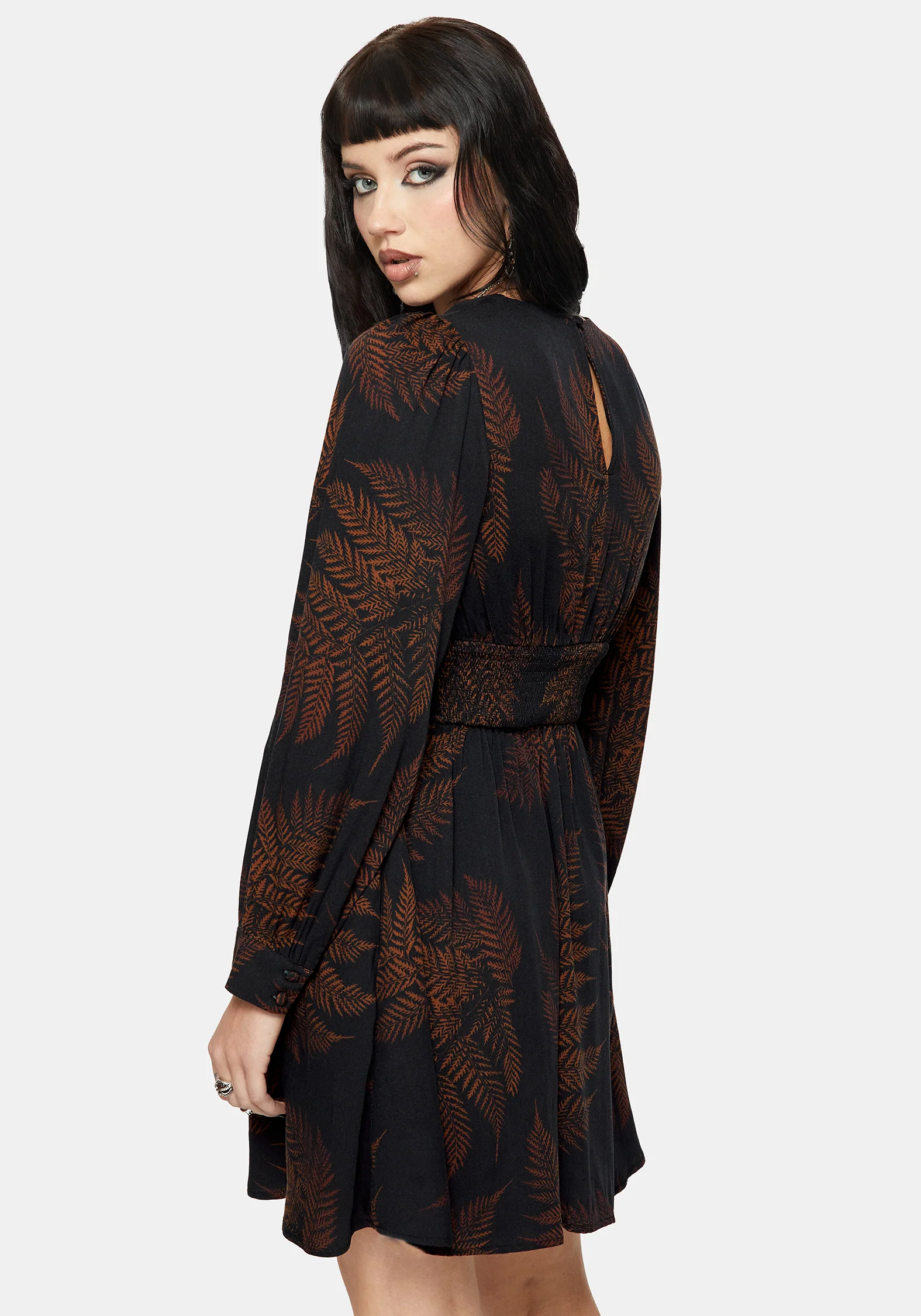 Ruin Fern Printed V-Neck Mini Dress - Brown - Image 3