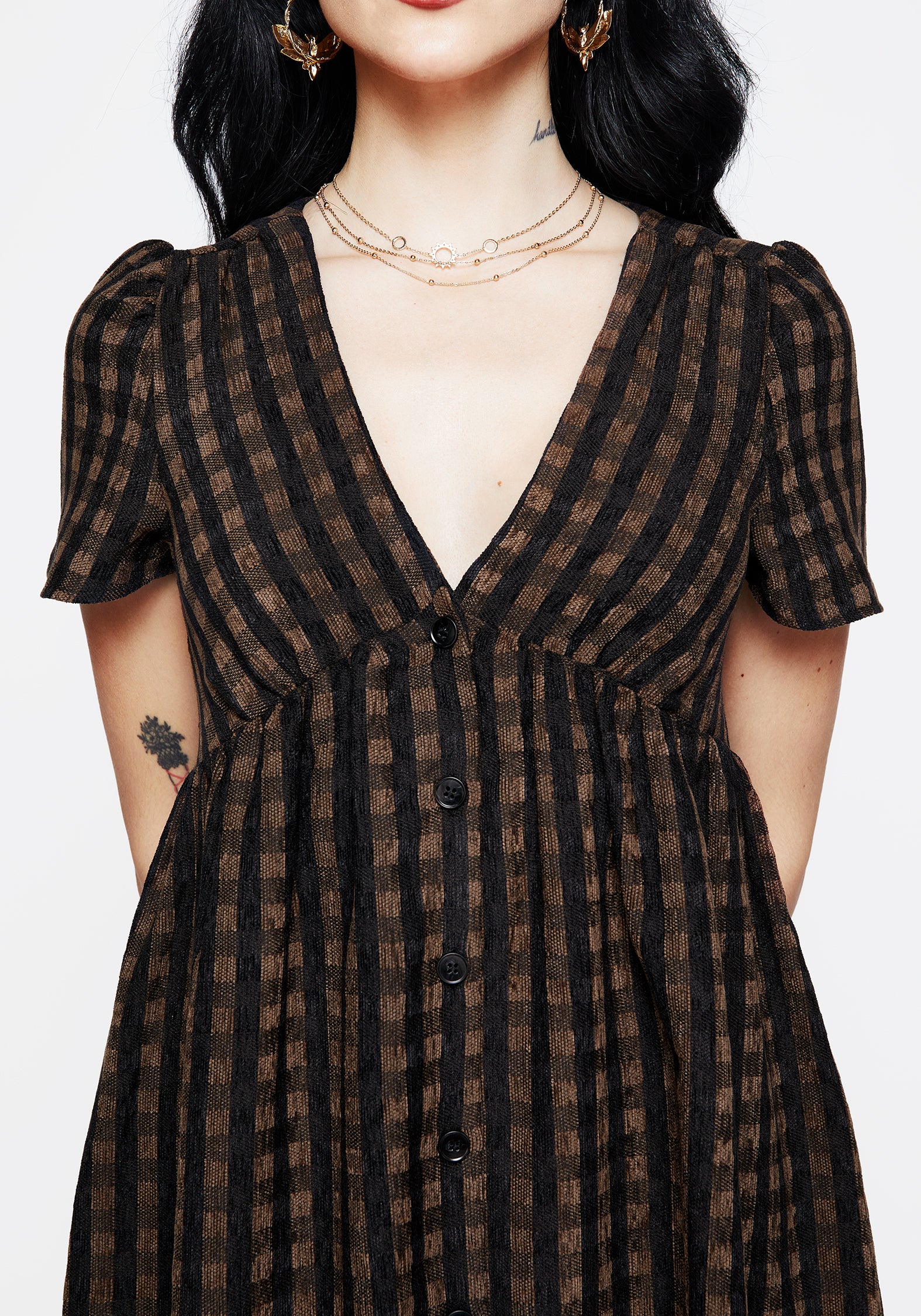 Rydal Check Button Up Midi Dress - Brown - Image 2