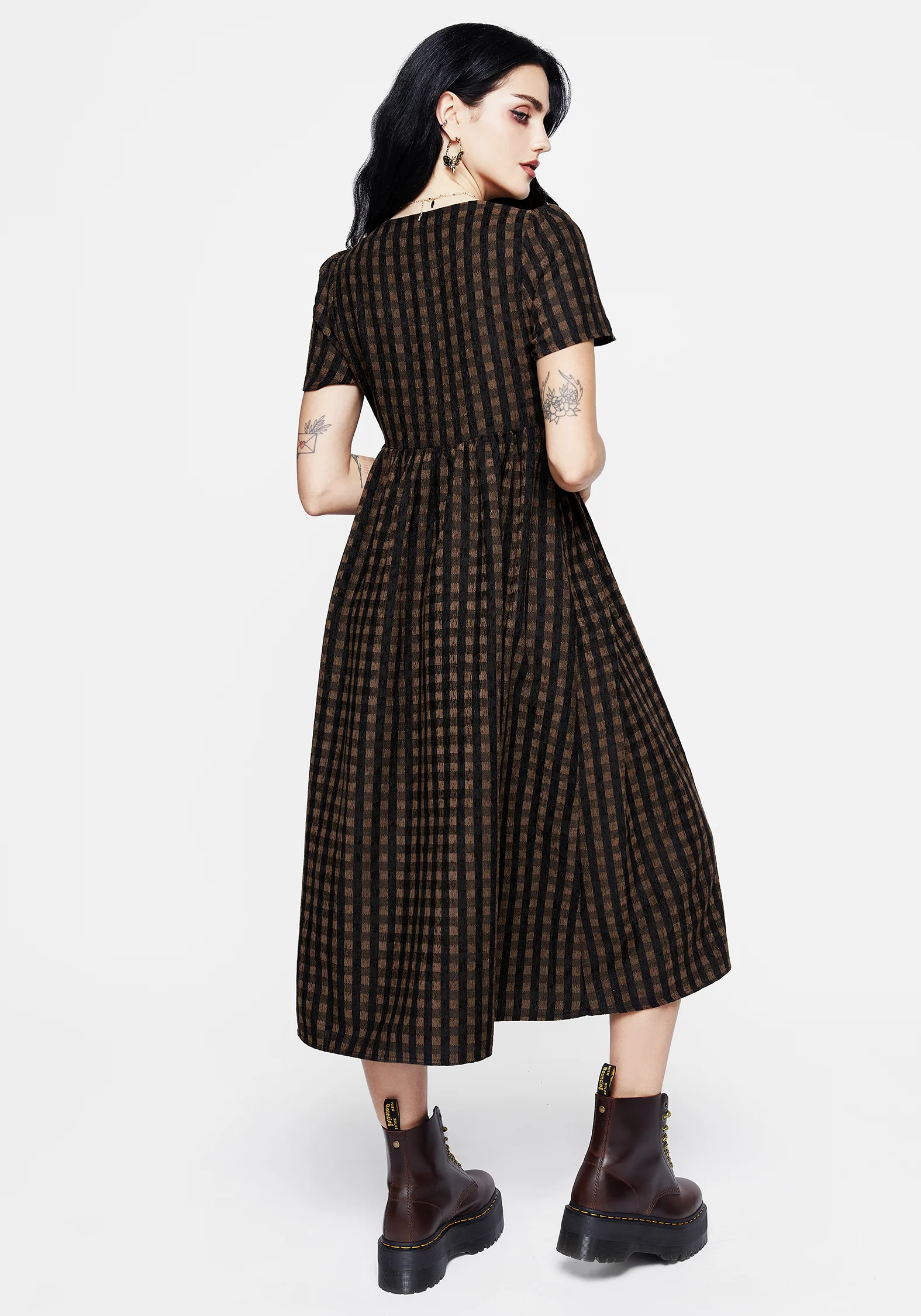 Rydal Check Button Up Midi Dress - Brown - Image 3