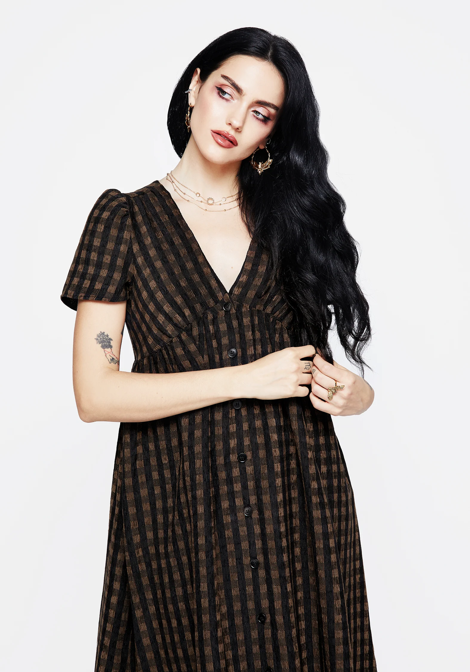 Rydal Check Button Up Midi Dress - Brown - Image 7