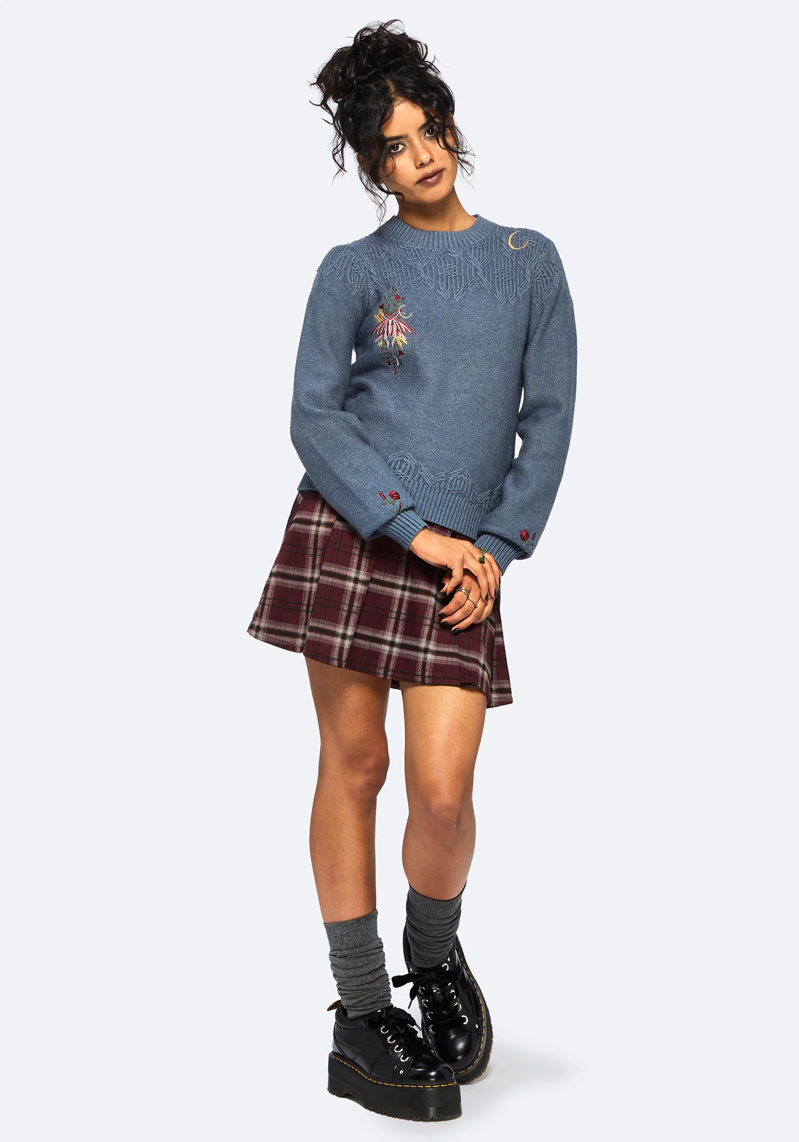 Selenia Moth Embroidered Cable Twist Knit Sweater - Blue - Image 6