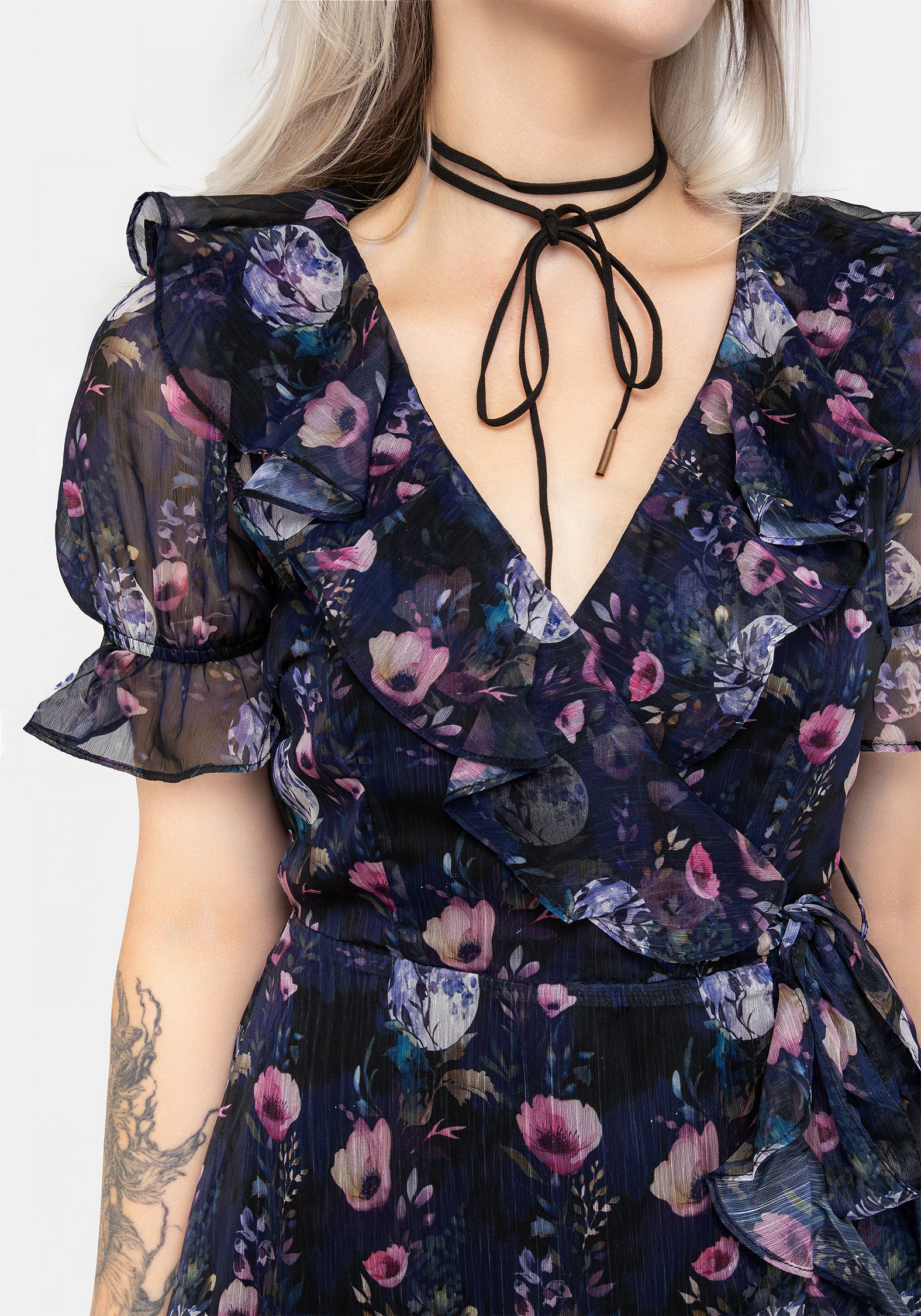 Socordia Floral Moon Chiffon Frill Wrap Mini Dress - Image 2