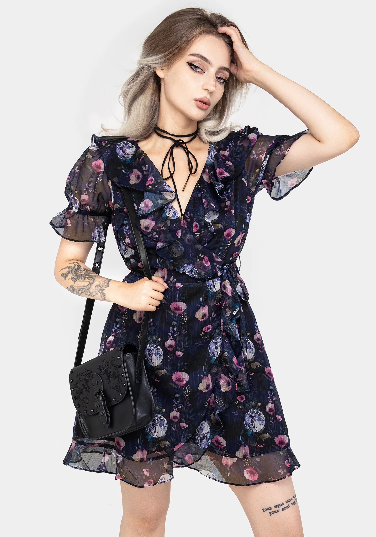 Socordia Floral Moon Chiffon Frill Wrap Mini Dress - Image 4