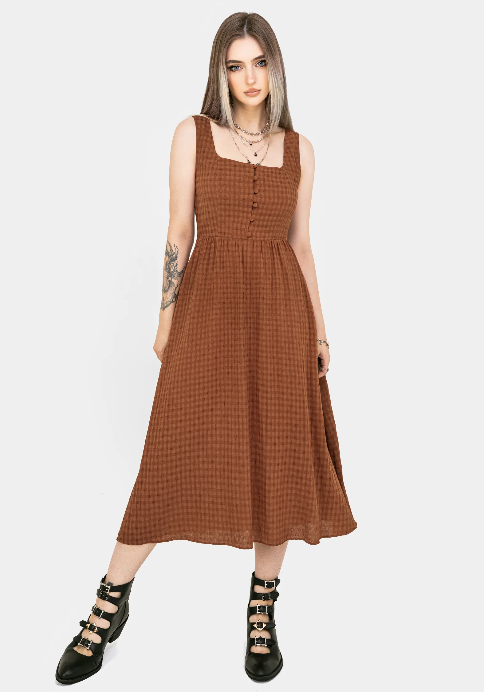 Soleil Cotton-Blend Check Cami Midi Dress - Image 3