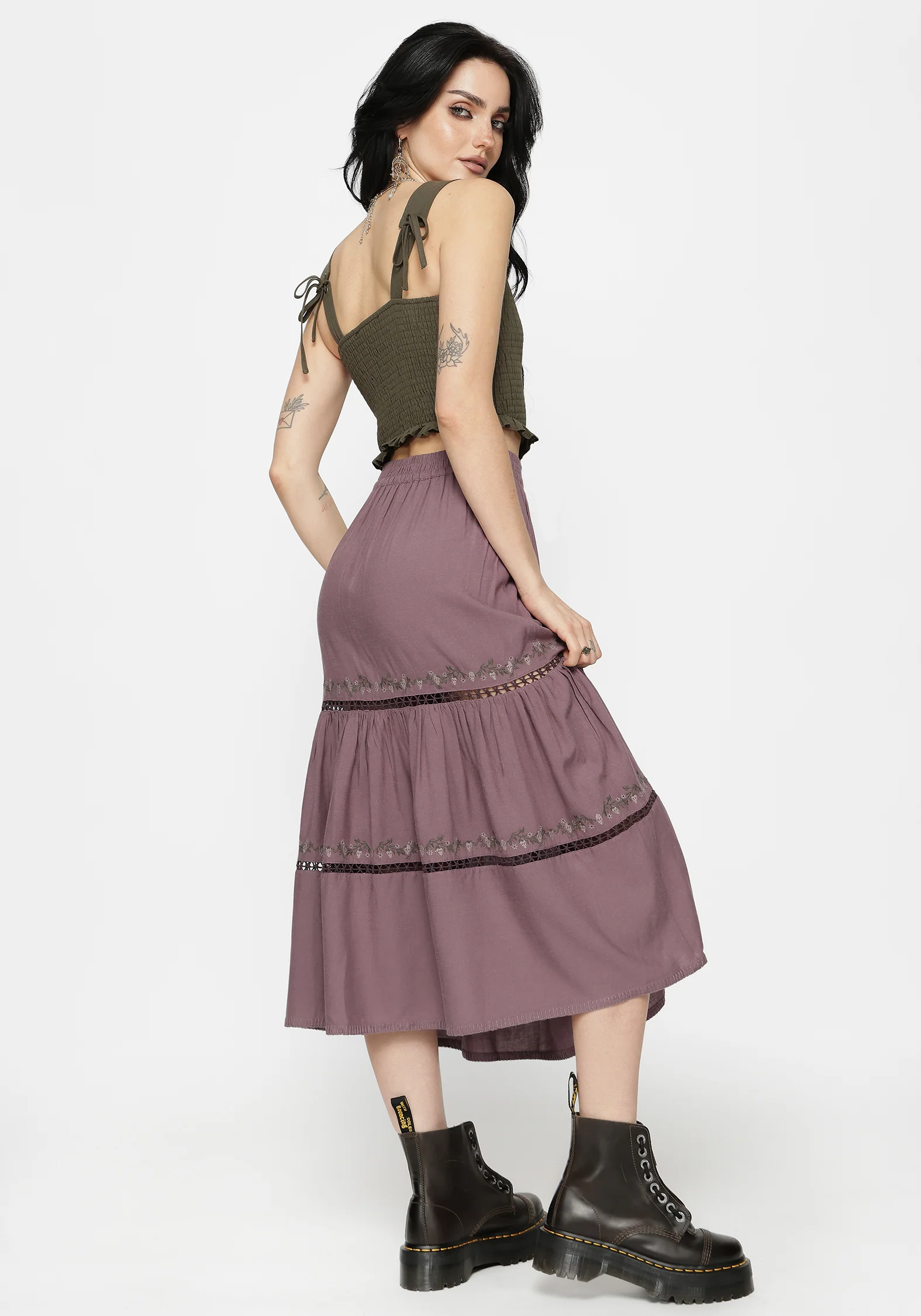 Solis Skull Embroidered Linen Midi Skirt - Image 3