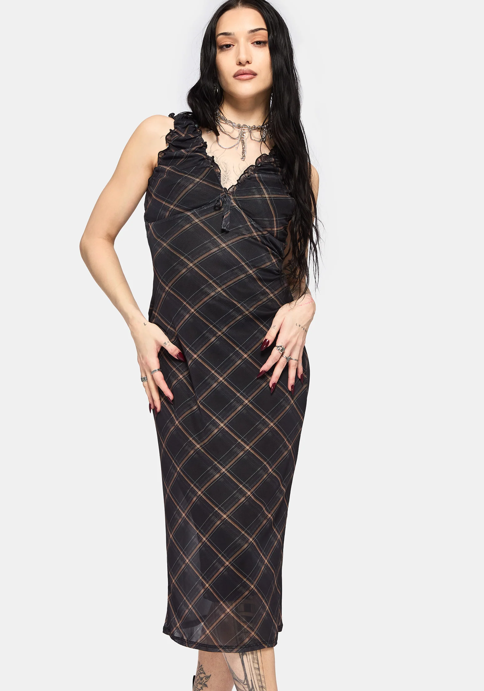 Sorrowelle Checked Mesh Midi Dress - Image 4