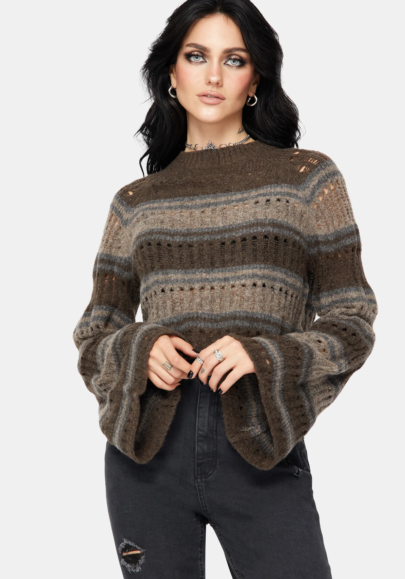 Splinter Stripe Knit Flare Sleeve Crop Sweater - Brown - Image 5