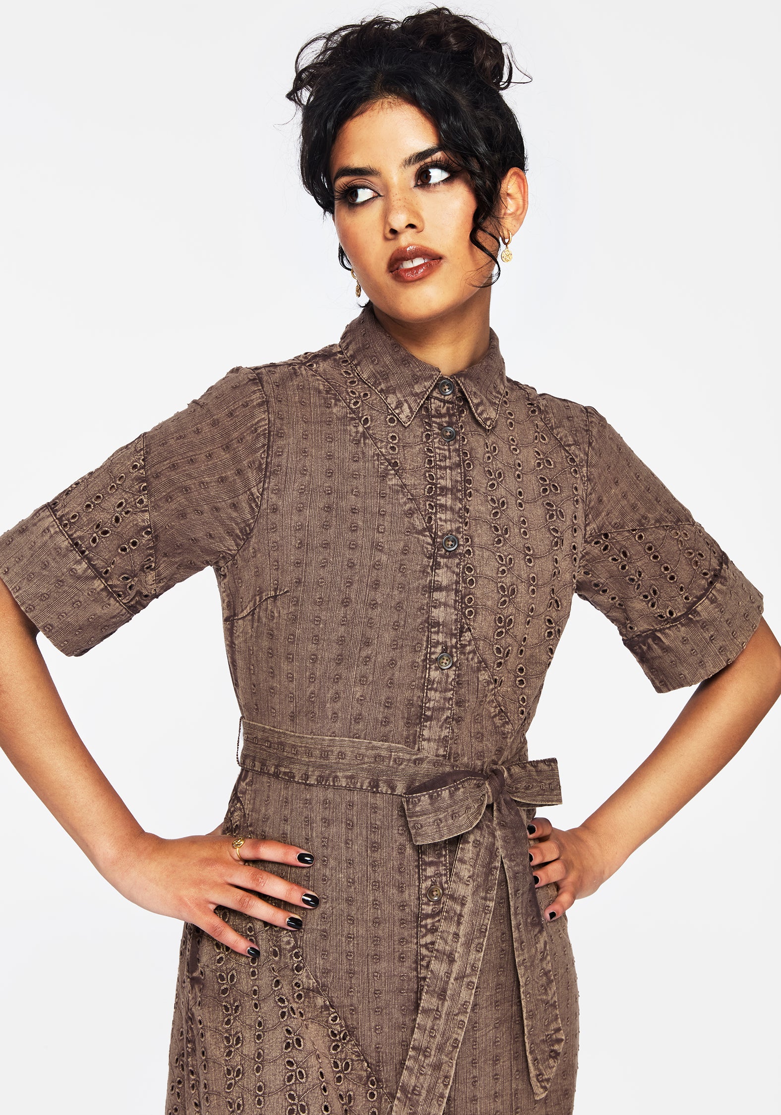 Summerisle Cotton Broderie Detail Tie Wrap Midi Shirt Dress - Image 5
