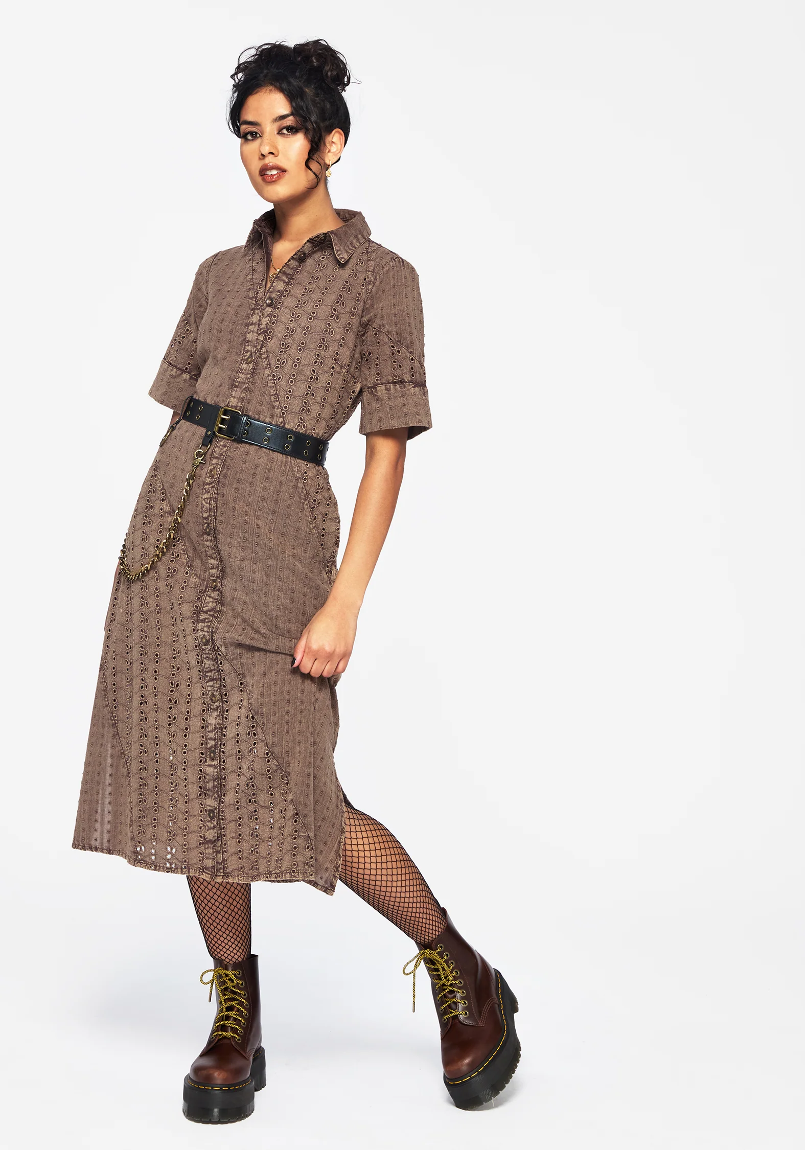 Summerisle Cotton Broderie Detail Tie Wrap Midi Shirt Dress - Image 7