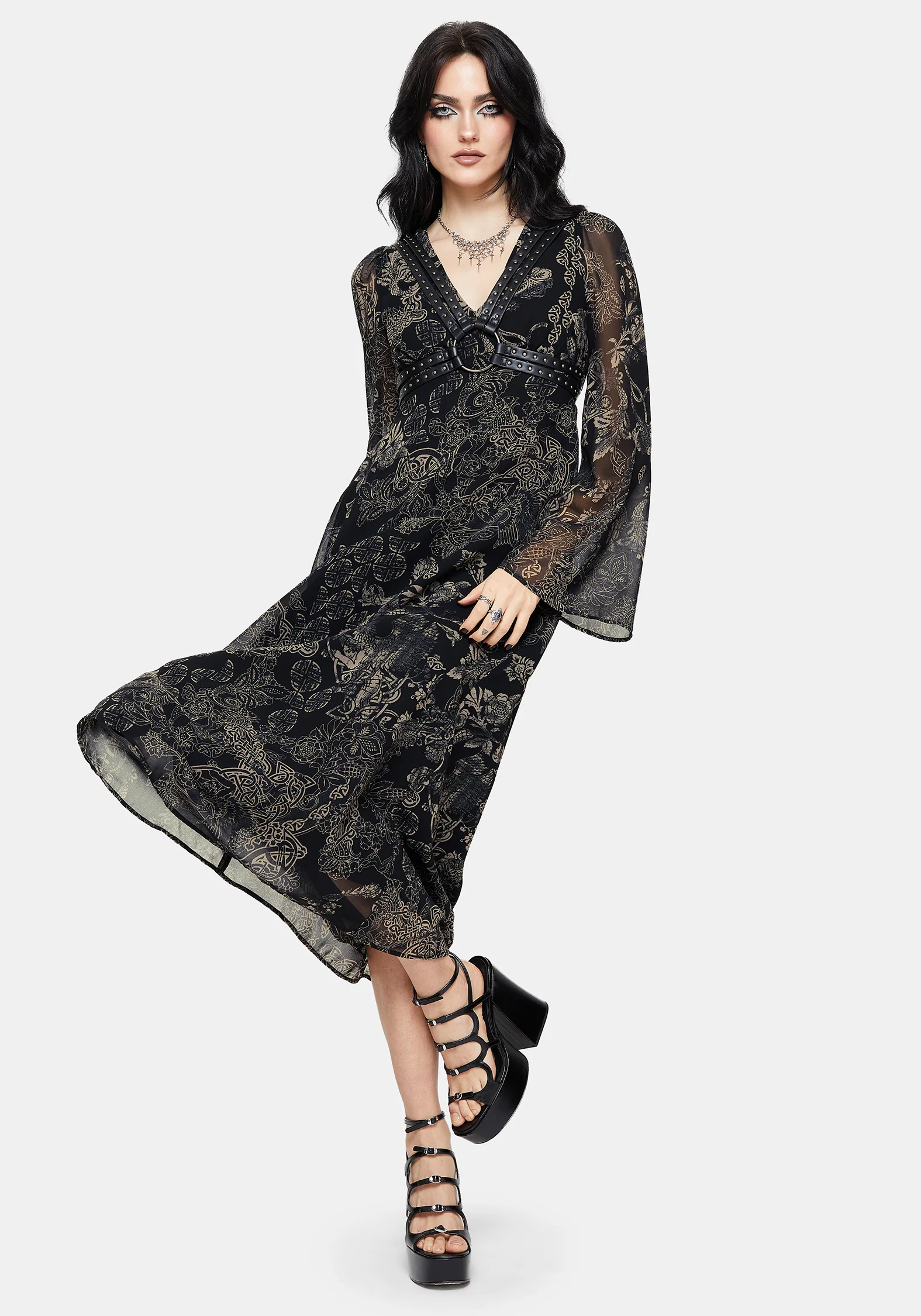 Surge Celtic Print Ruffle Neck Midi Dress - Image 5