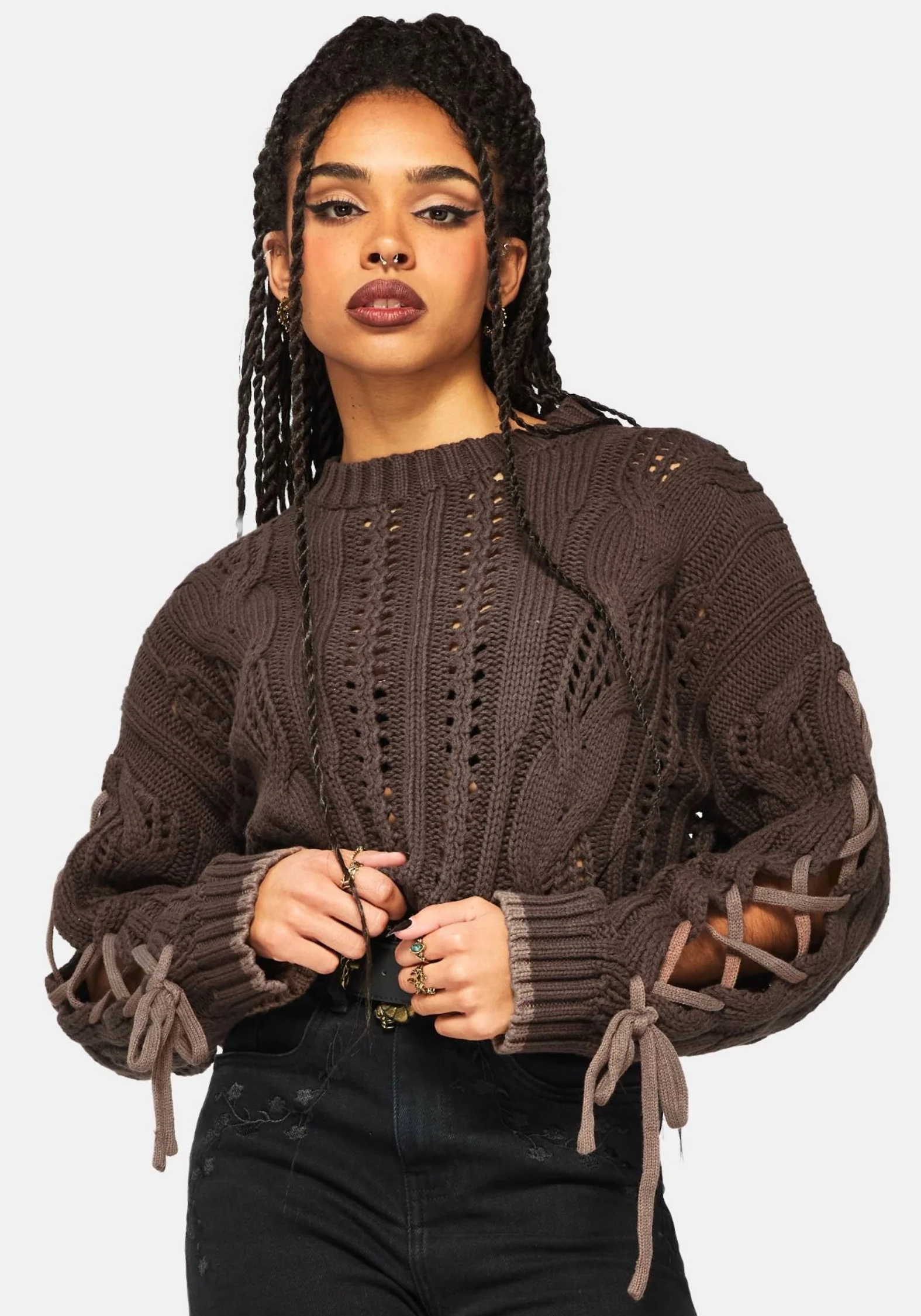 Sycamore Cotton Lace Up Sleeve Cable Knit Crop Sweater - Brown - Image 5