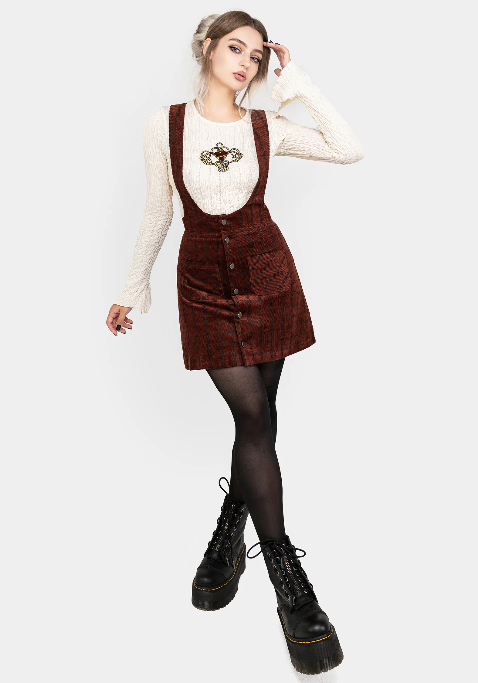 Terracotta Check Cord Mini Pinafore Skirt - Image 5