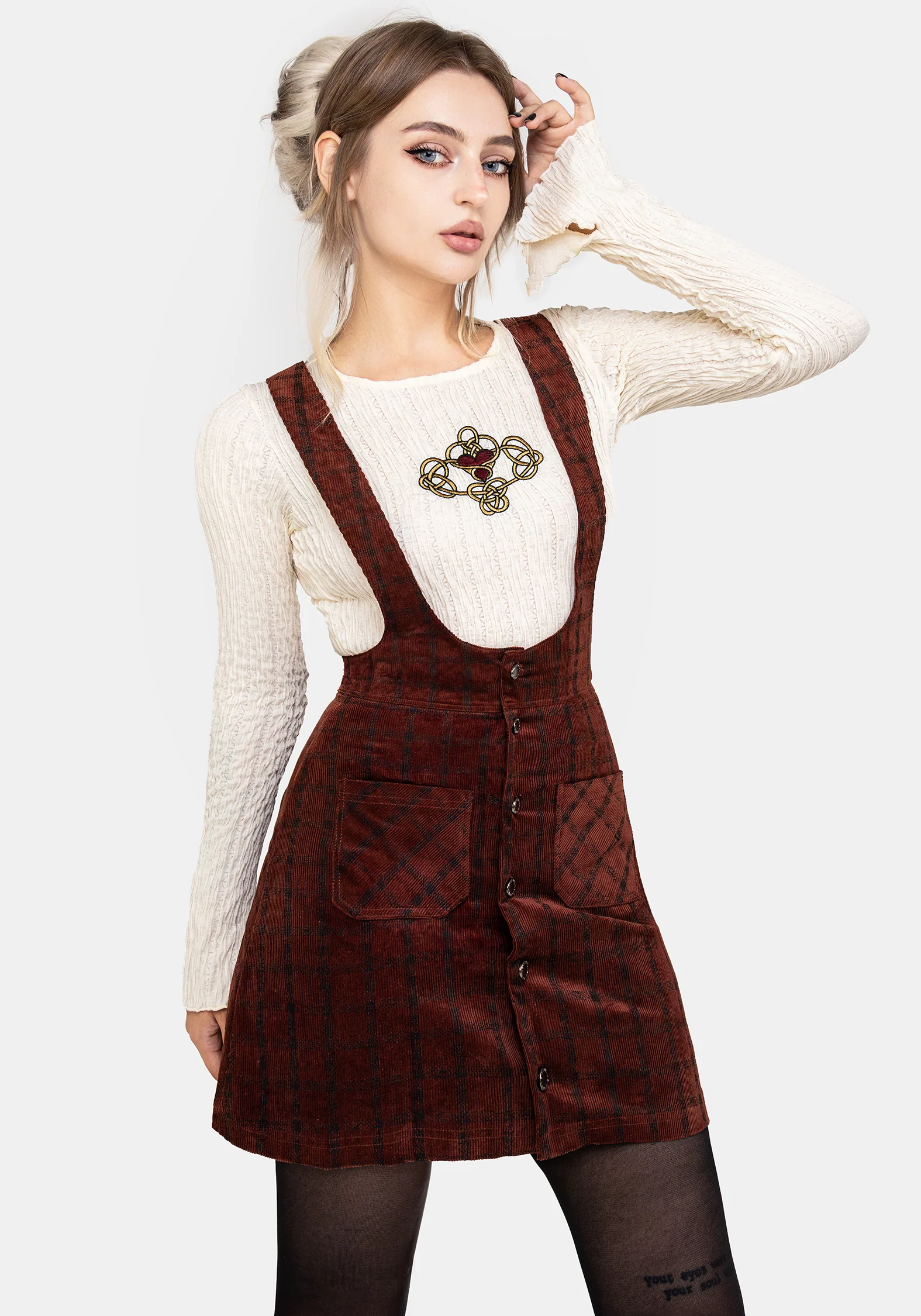 Terracotta Check Cord Mini Pinafore Skirt - Image 7
