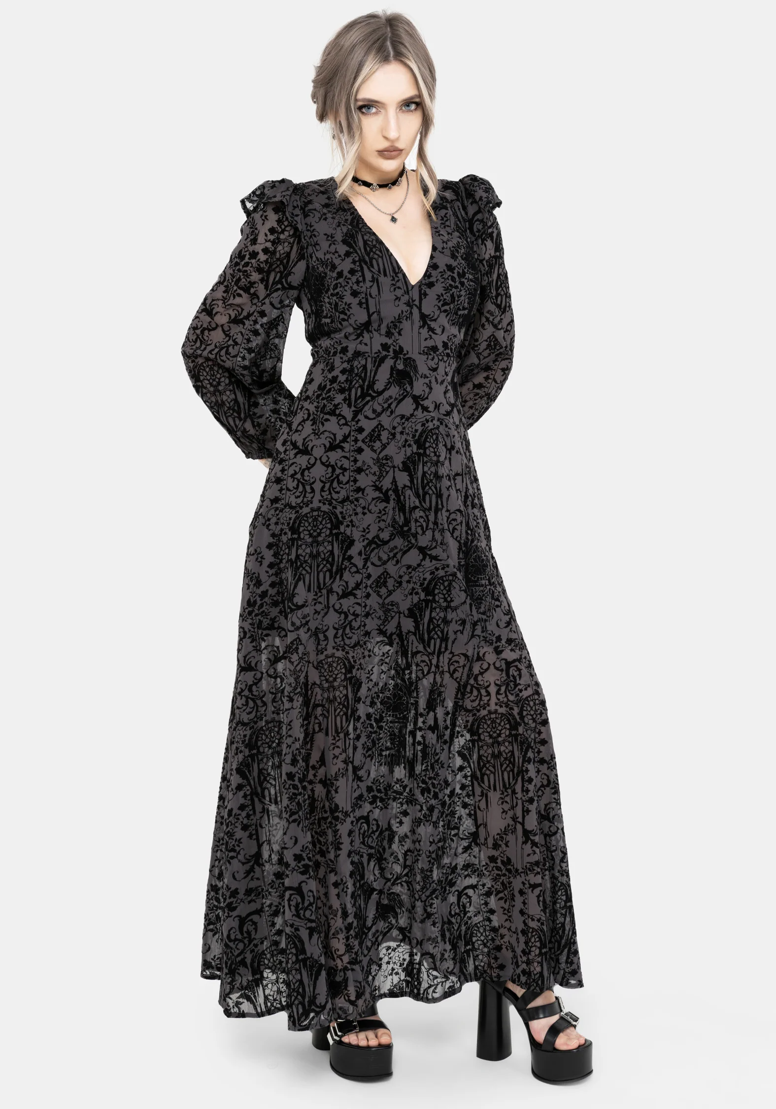 Thorned Flocked Chiffon Castle Print Frill Neck Maxi Dress - Image 7