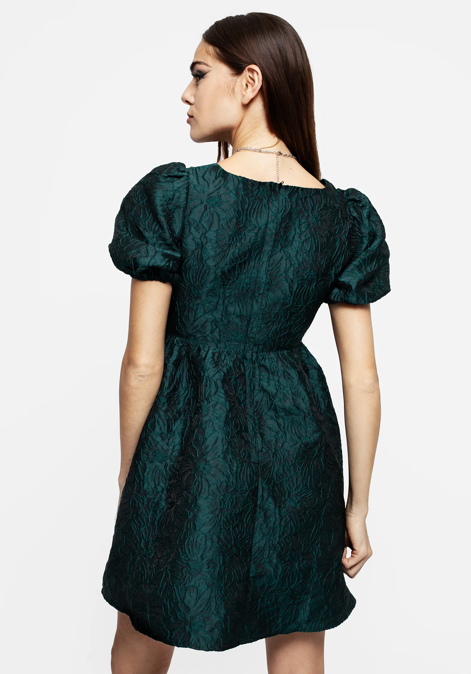 Tiffany Jacquard Puff Sleeve Mini Dress - Green - Image 3