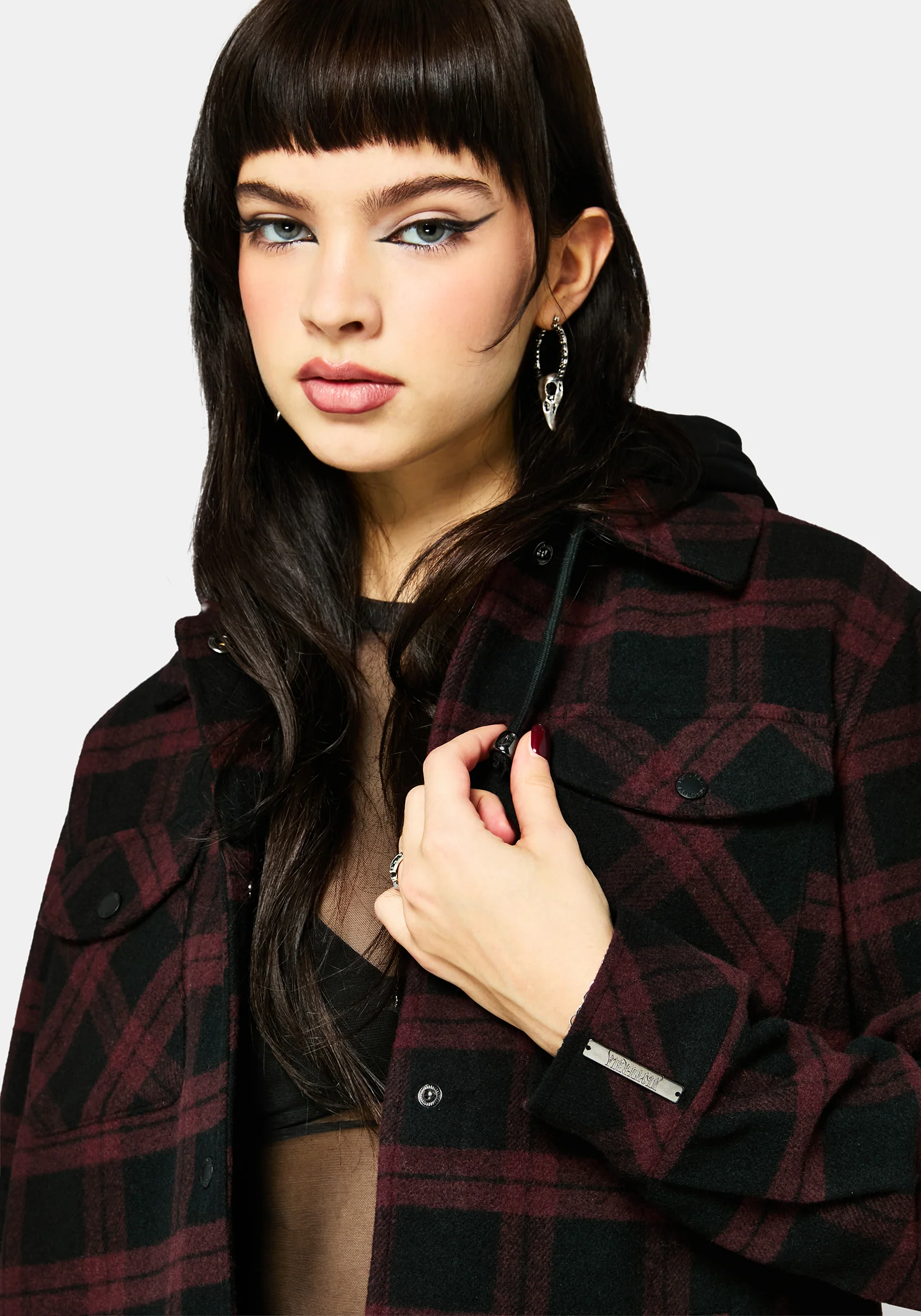 Trellis Hooded Pocket Check Shacket - Burgundy - Image 4