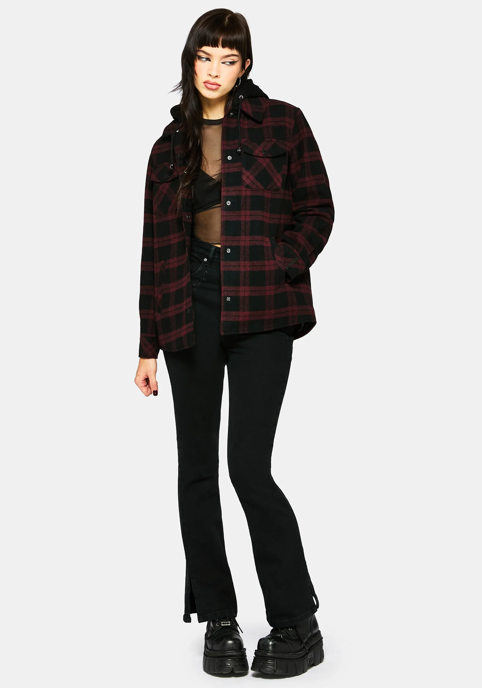 Trellis Hooded Pocket Check Shacket - Burgundy - Image 7
