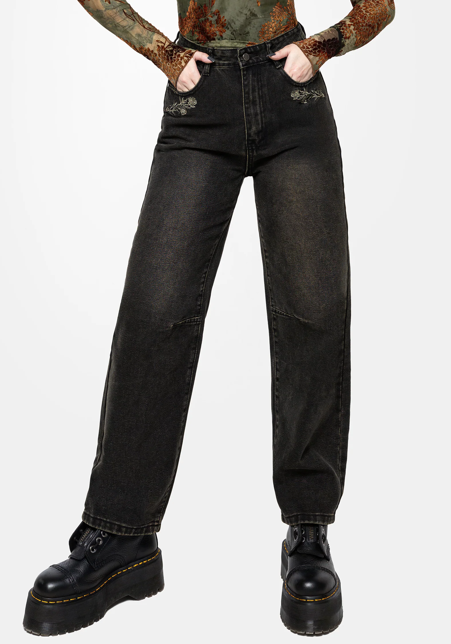 Veltha Floral Embroidered Denim Barrel Leg Jeans