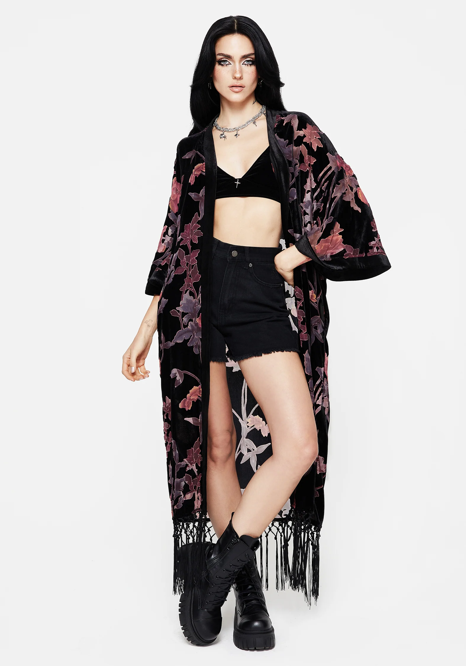 Waterlily Burnout Fringe Trim Longline Kimono - Image 3