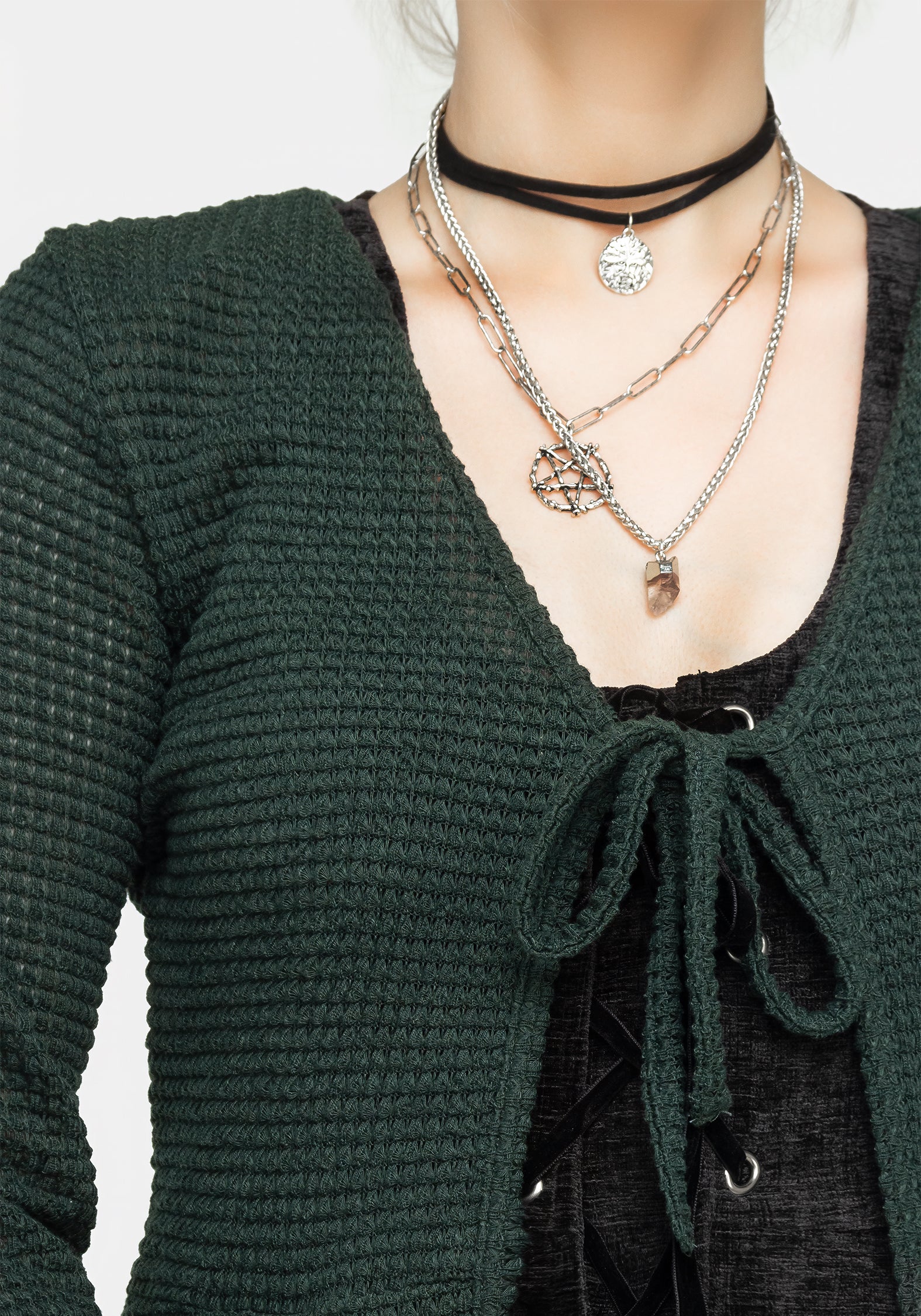 Xana Textured Tie Front Long Cardigan - Green - Image 2
