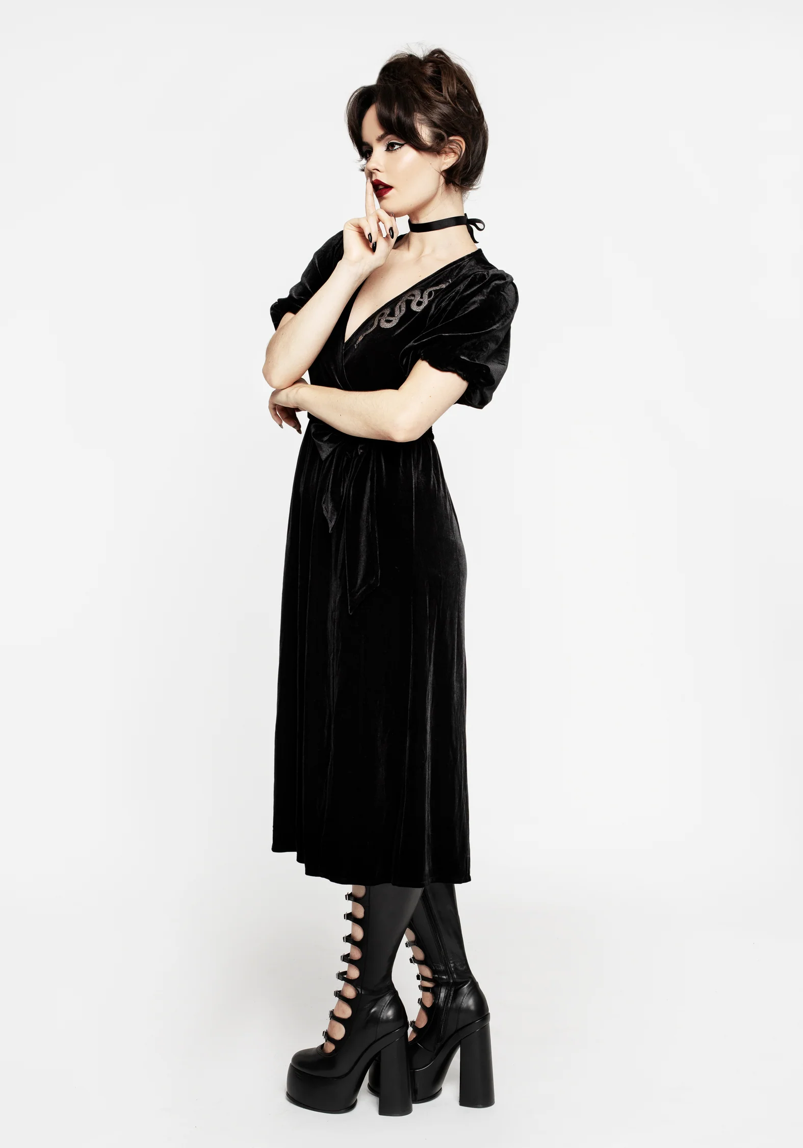 Zarina Embroidered Midi Wrap Dress - Black - Image 5