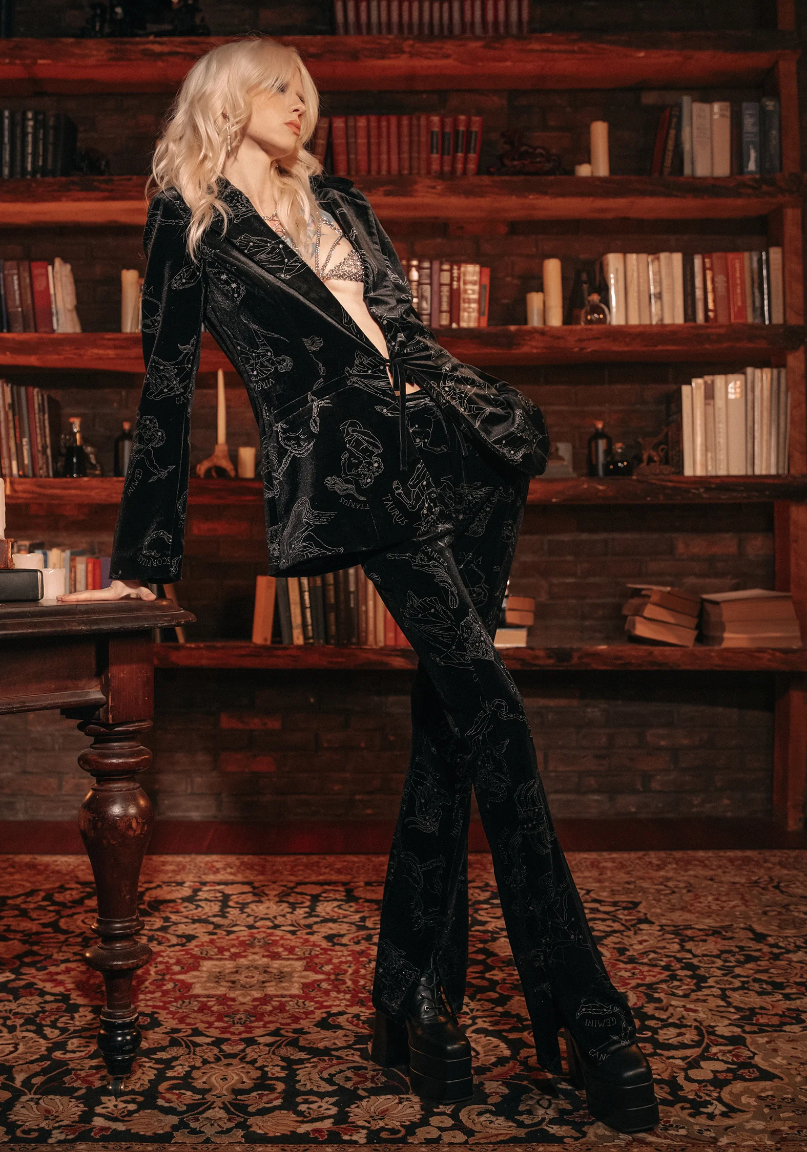 Zodiac Foil Print Split Slim Flare Trousers - Image 4